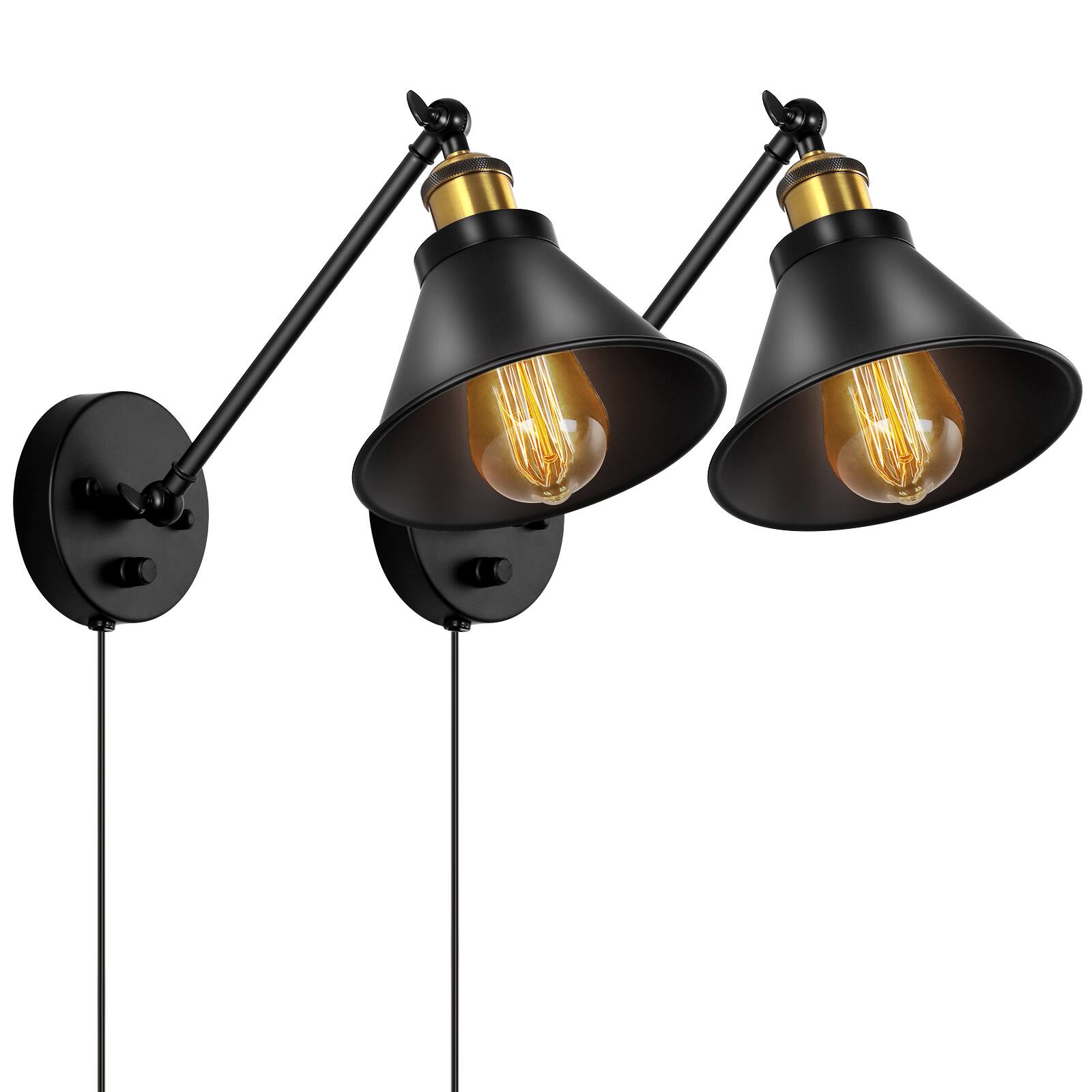Oumilen 2 Pack Black Plug in Wall Sconce – Adjustable Swing Arm Wall ...