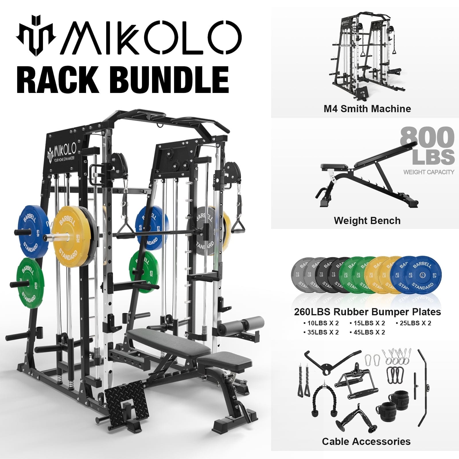 Mikolo - Smith Machine,2200 lbs Power Rack Cage,Power Rack with 800LB Capacity Weight Bench and 260 lbs Weight Plate - Black