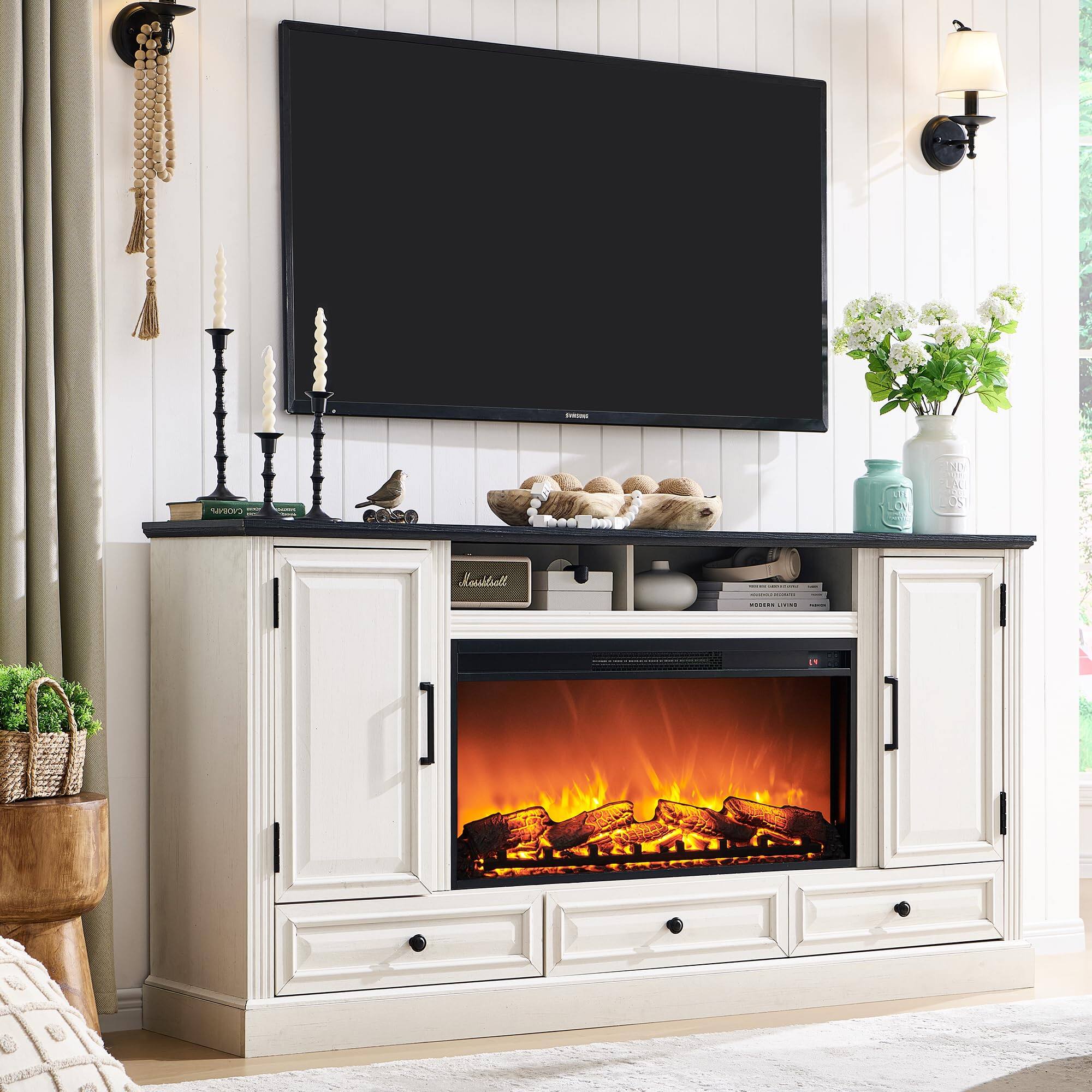 PO3TICJUNKI3 - 70" Fireplace TV Stand for 80" TVs, 36" Electric Insert, 5000 BTU, 3-Drawers, 2-Cabinets - Antique White