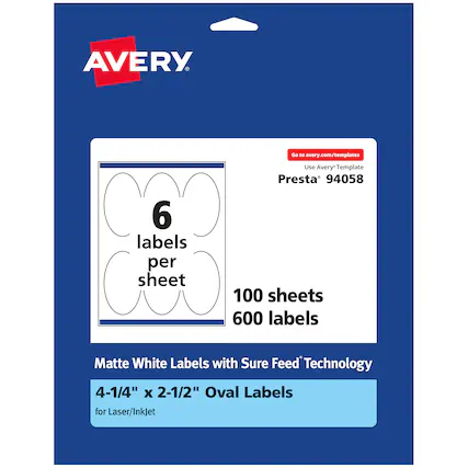 AVERY
Go to avery.com/templates
6 labels per sheet
Use Avery Template Presta 94058
100 sheets 600 labels
Matte White Labels with Sure Feed Technology
4-1/4" X 2-1/2" Oval Labels for Laser/InkJet