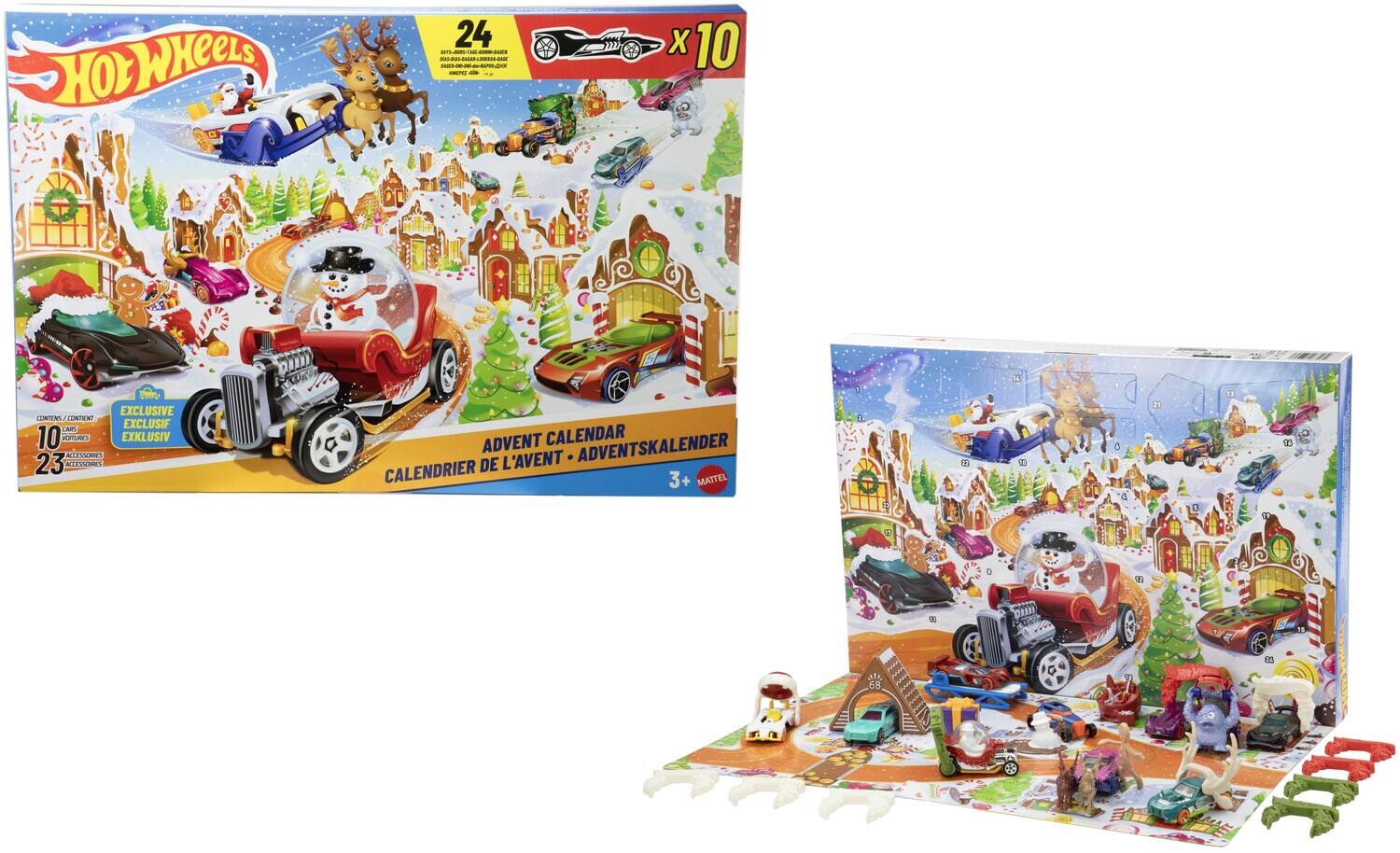 Hot Wheels  
24 x 10  
Exclusive  
Advent Calendar  
L'Avent - Adventskalender  
3+  
Mattel  

10 Cars  
23 Accessories  

Exclusive  
Exklusiv  
Exclusif  

CALENDRIER DE L'AVENT - ADVENTSKALENDER