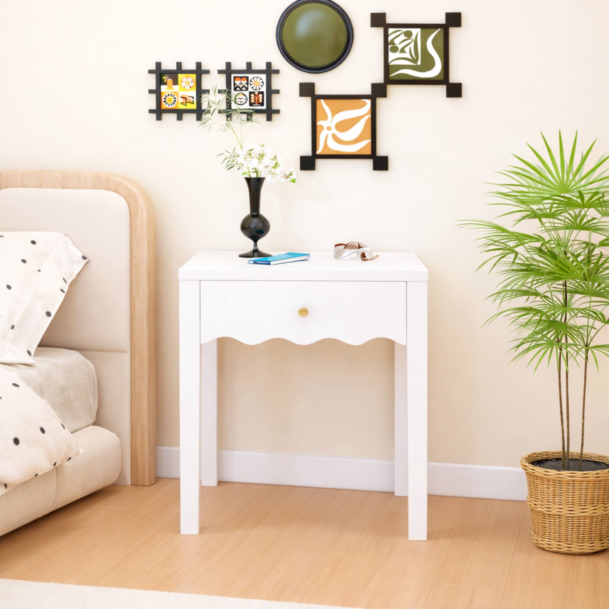 Angle. Z-Edge - Nightstand with Drawer, Modern Bedside Table with Wavy Apron Design, Compact End Table for Bedroom Living Room - White.