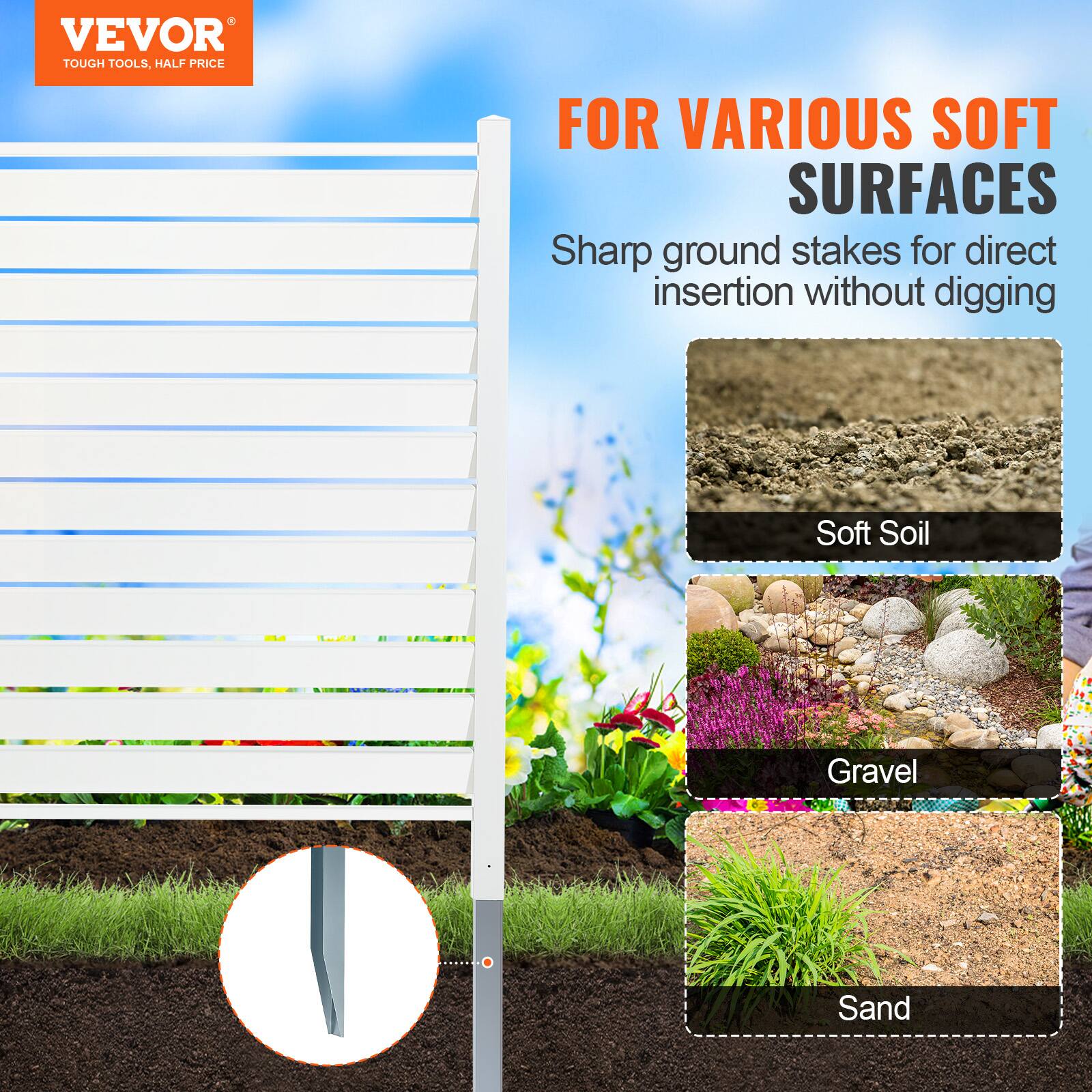 VEVOR TOUGH TOOLS, HALF PRICE FOR VARIOUS SOFT SURFACES Sharp ground stakes for direct insertion without digging Soft Soil Gravel Sand