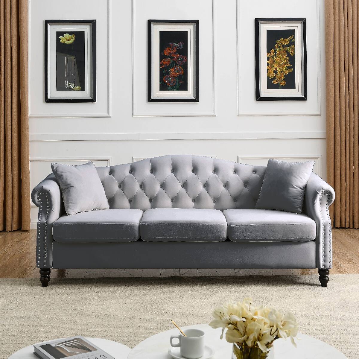 Left. Ropilly - Ropilly Grey Velvet Chesterfield Sofa, 79 Inch 3 Seater Tufted Couch for Living Room - Grey.