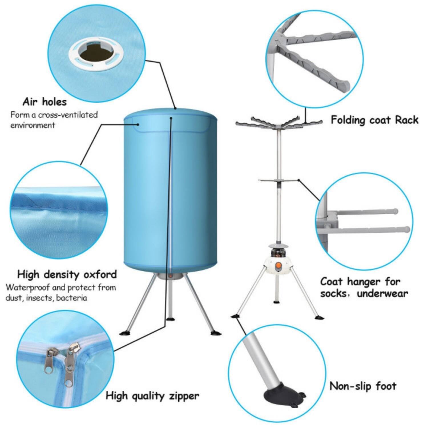 - Air holes: Form a cross-ventilated environment
- High density oxford: Waterproof and protect from dust, insects, bacteria
- High quality zipper
- Folding coat Rack
- Coat hanger for socks, underwear
- Non-slip foot