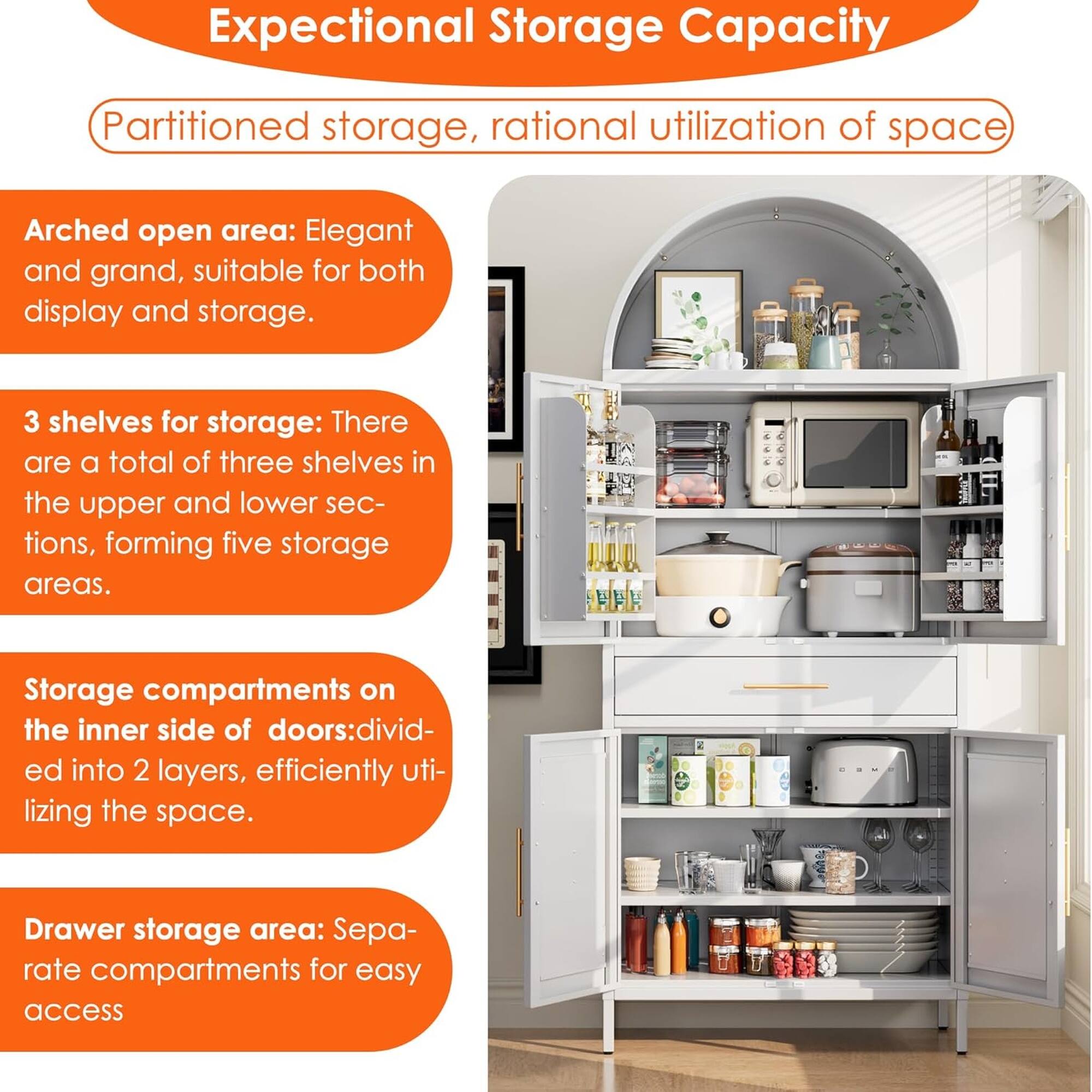 Exceptional Storage Capacity

Partitioned storage, rational utilization of space

Arched open area: Elegant and grand, suitable for both display and storage.

3 shelves for storage: There are a total of three shelves in the upper and lower sections, forming five storage areas.

Storage compartments on the inner side of doors: divided into 2 layers, efficiently utilizing the space.

Drawer storage area: Separate compartments for easy access