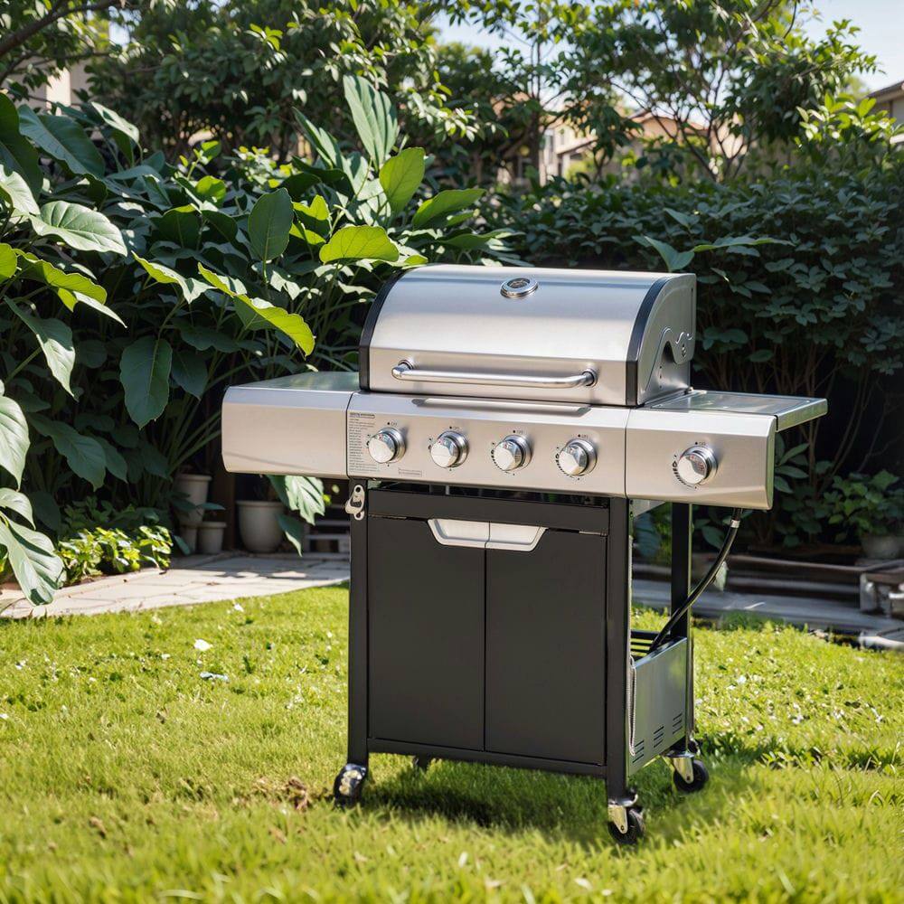 Alt View 7. Resenkos - Stainless Steel 4-Burner Propane Gas Grill: Comes with Side Burner and Cover, Perfect for Outdoor BBQ, Camping.