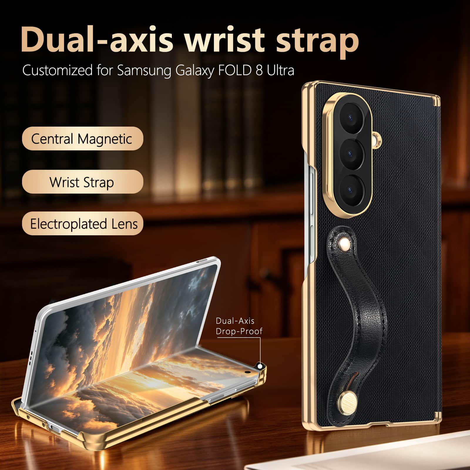 Dteck - Shockproof Case for Samsung Galaxy Z Fold8 Ultra with Wrist Strap, Rigid Plastic Leather Texture Dual Axis Hinge Cover - Black price history on PriceWatchPro