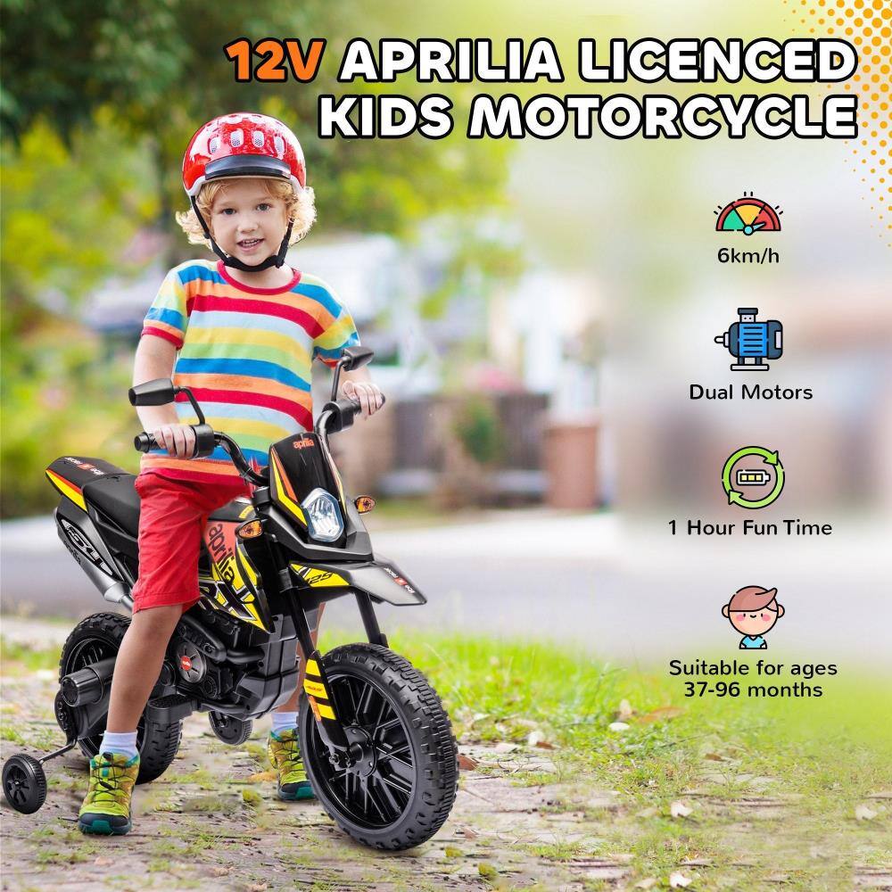 12V APRILIA LICENCED KIDS MOTORCYCLE

- 6km/h
- Dual Motors
- 1 Hour Fun Time
- Suitable for ages 37-96 months