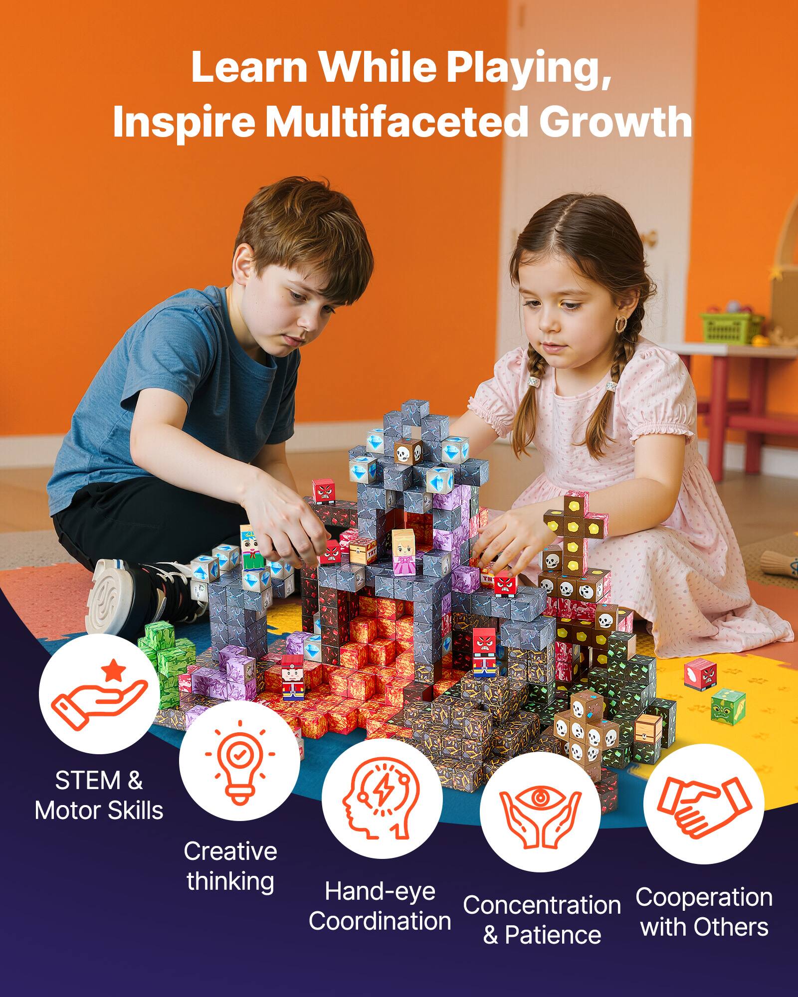 Learn While Playing, Inspire Multifaceted Growth
STEM & Motor Skills
Creative thinking
Hand-eye Coordination
Concentration & Patience
Cooperation with Others