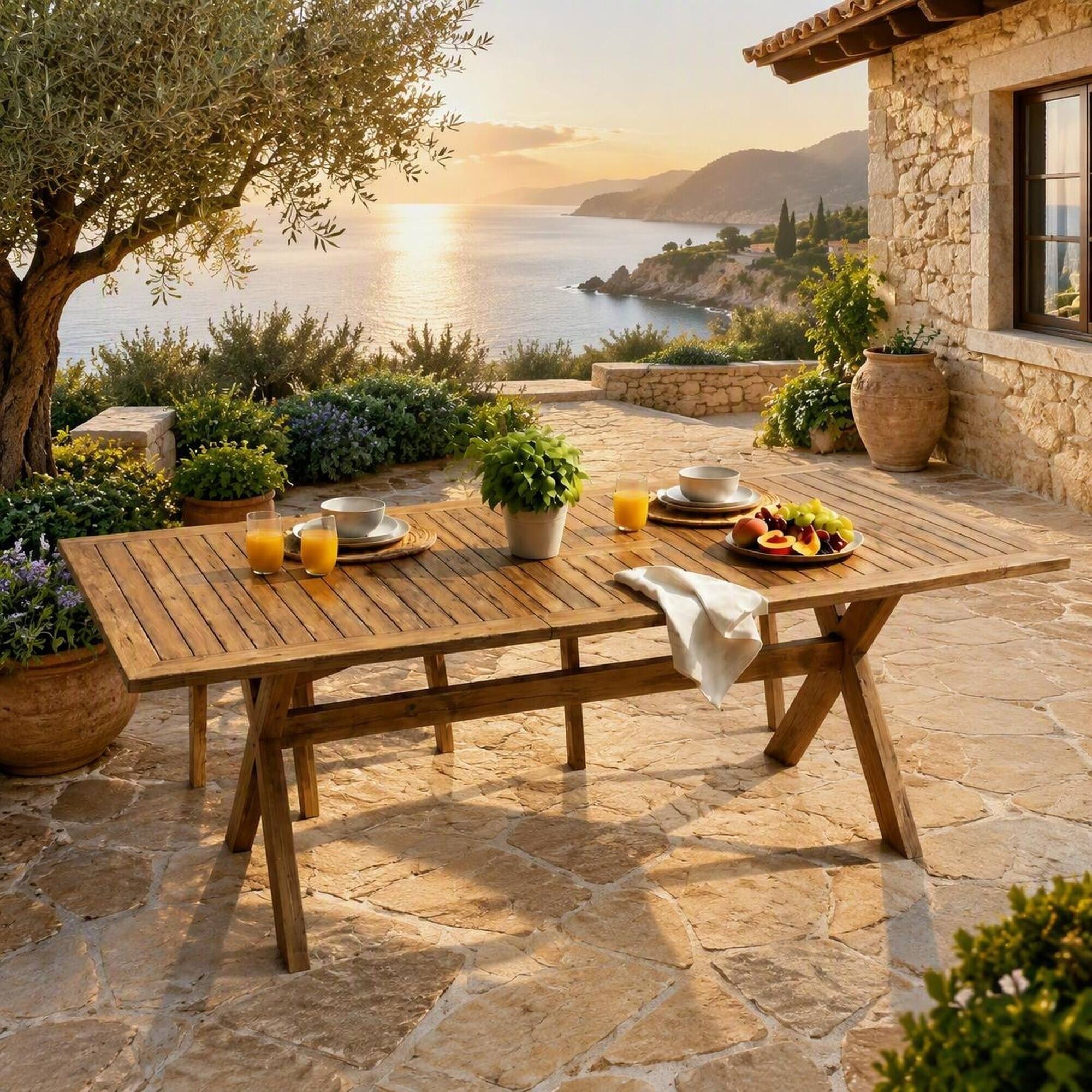 Back. RYHNUYNE - 60"-76" Outdoor Extendable Dining Table, Solid Acacia Wood X-Leg Patio Table for Backyard Garden Deck, Natural Finish - Teak.