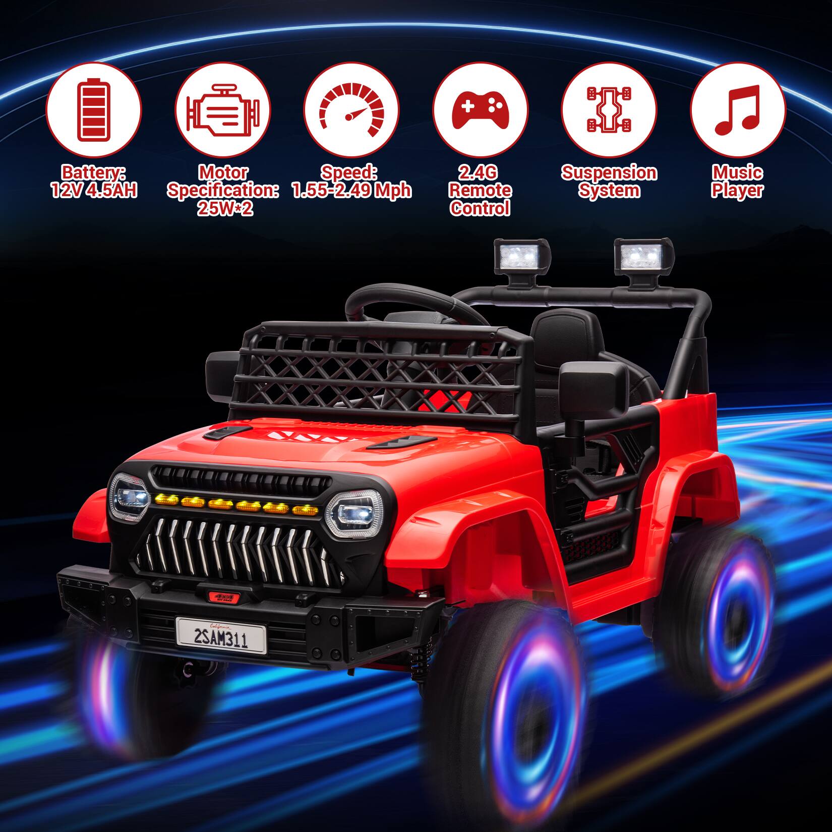 - Battery: 12V 4.5AH
- Motor Specification: 25W*2
- Speed: 1.55-2.49 Mph
- 2.4G Remote Control
- Suspension System
- Music Player
- 1 Cade
- 2SAM311