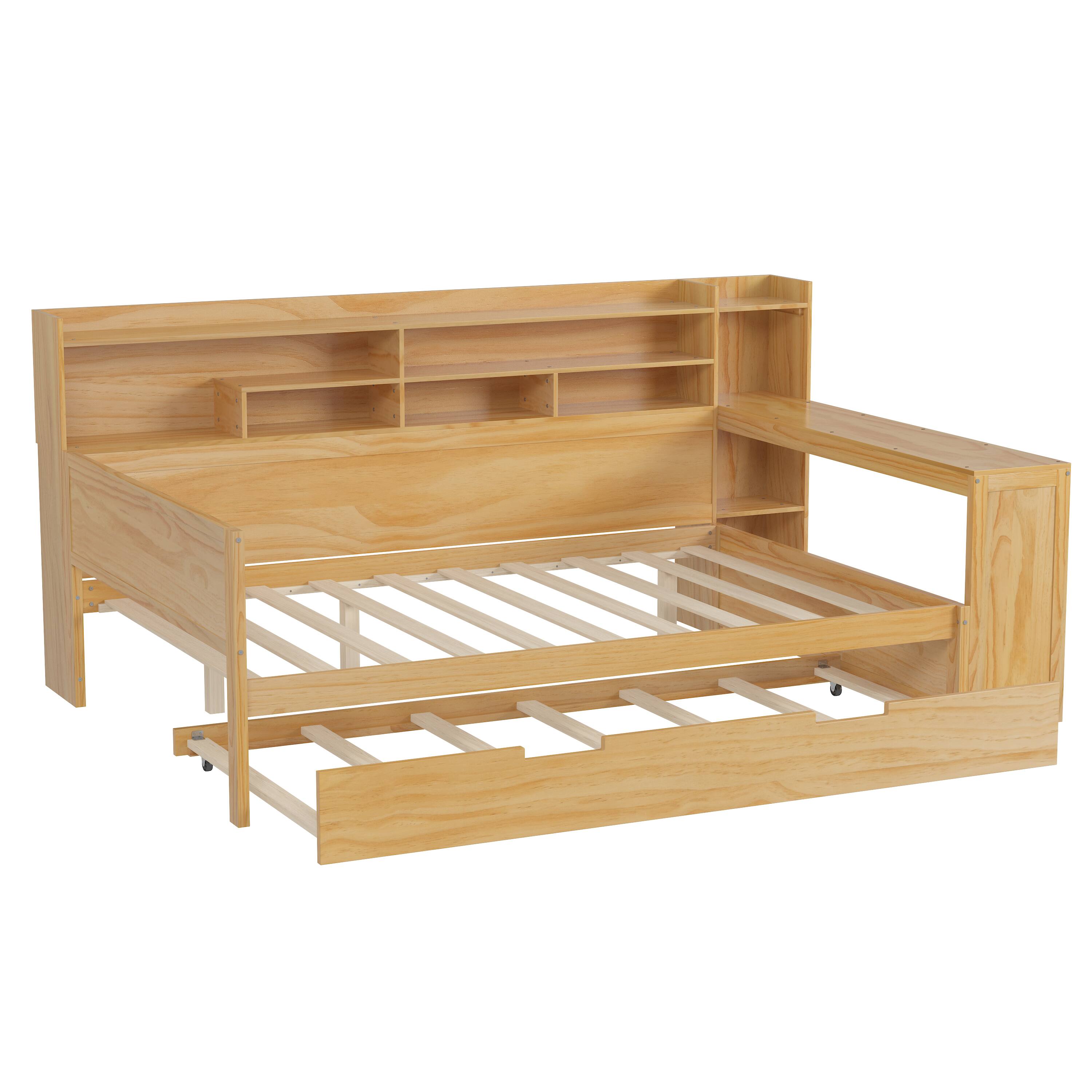 Alt View 2. Tiramisubest - Wooden Full Size Daybed with Storage Shelves, Multi-functional Bed with Twin Size Trundle Bed and  Study Desk, Natural - Natural.