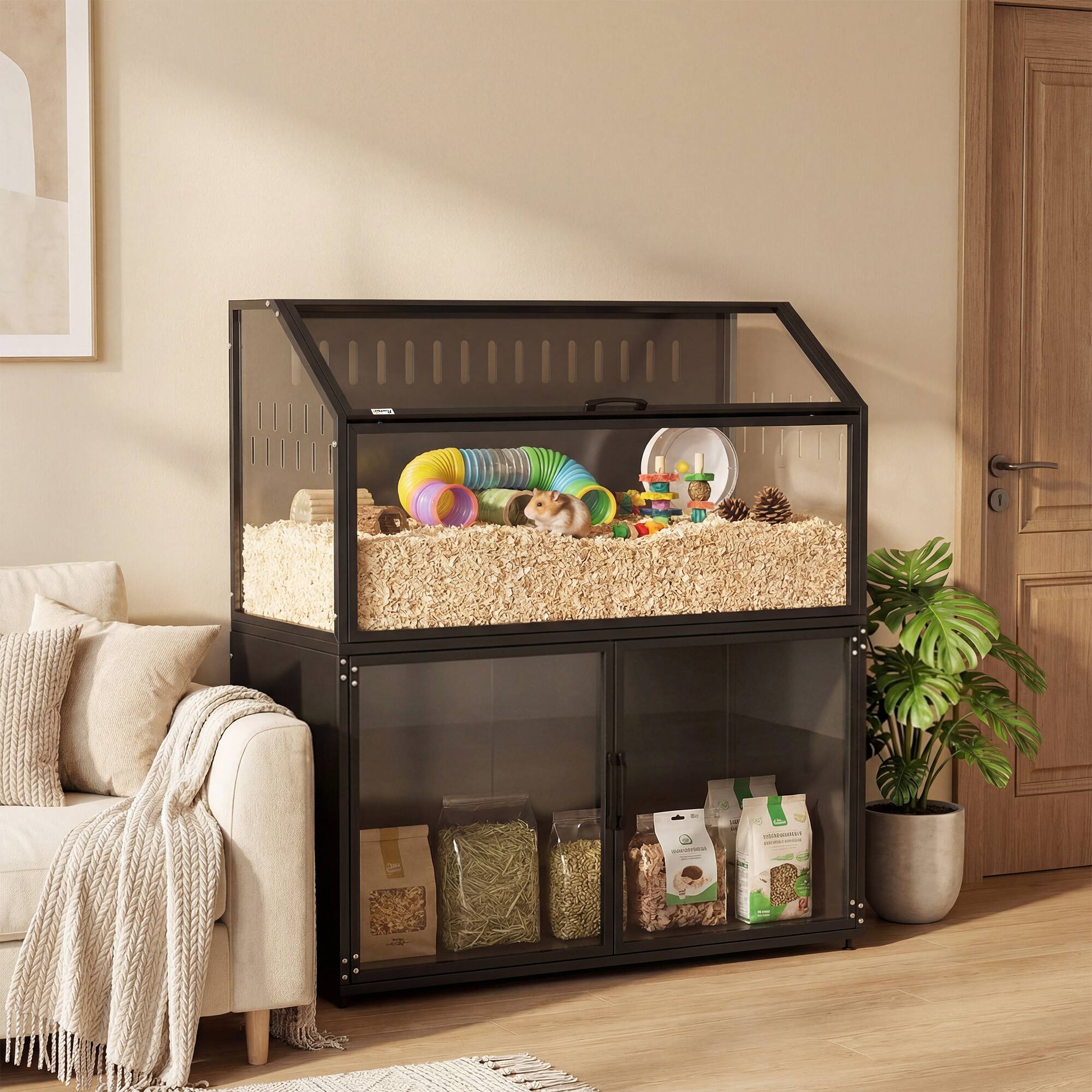 Alt View 1. Pawhut - Cage with Storage Cabinet, Small Animal Cage with Easy View Acrylic Panels and Openable Top - Black.