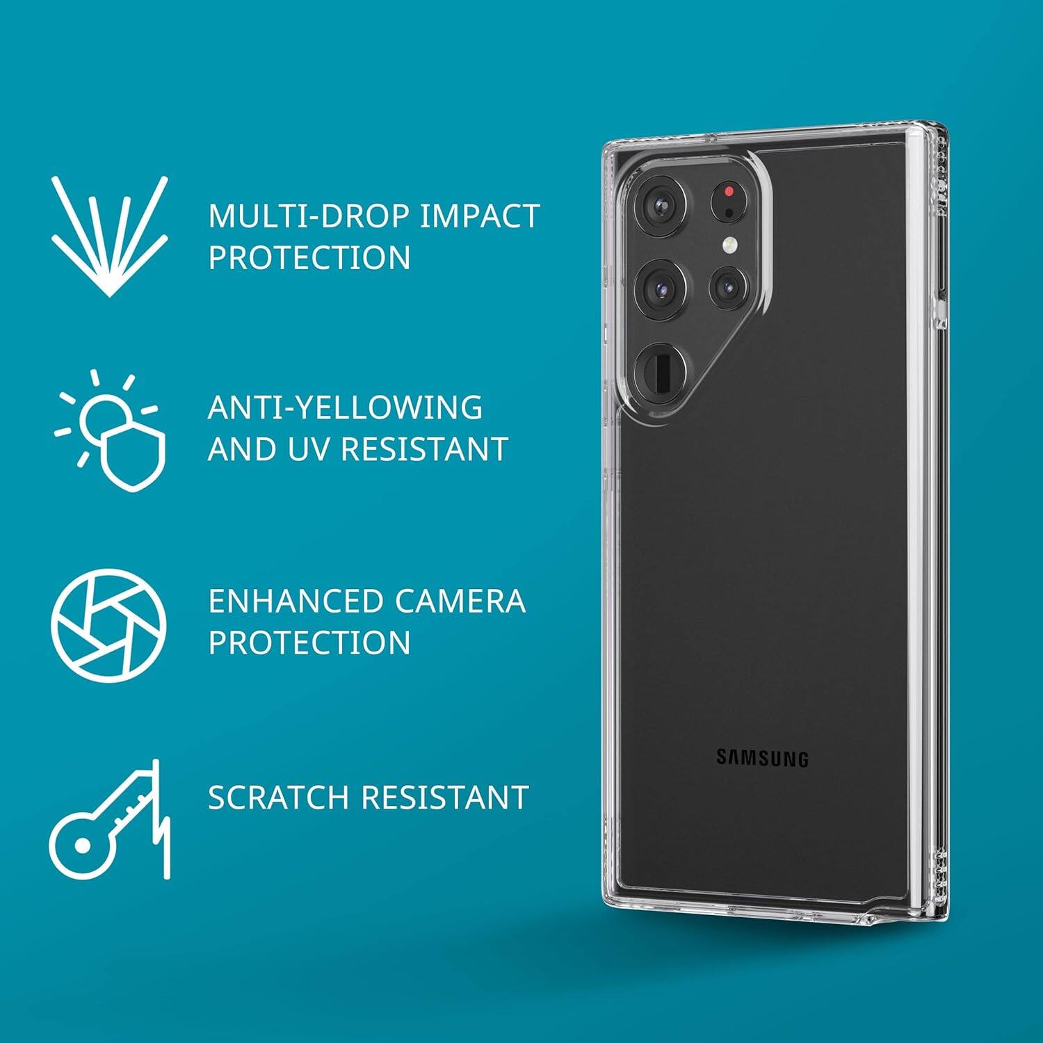 - MULTI-DROP IMPACT PROTECTION
- ANTI-YELLOWING AND UV RESISTANT
- ENHANCED CAMERA PROTECTION
- SCRATCH RESISTANT
- SAMSUNG