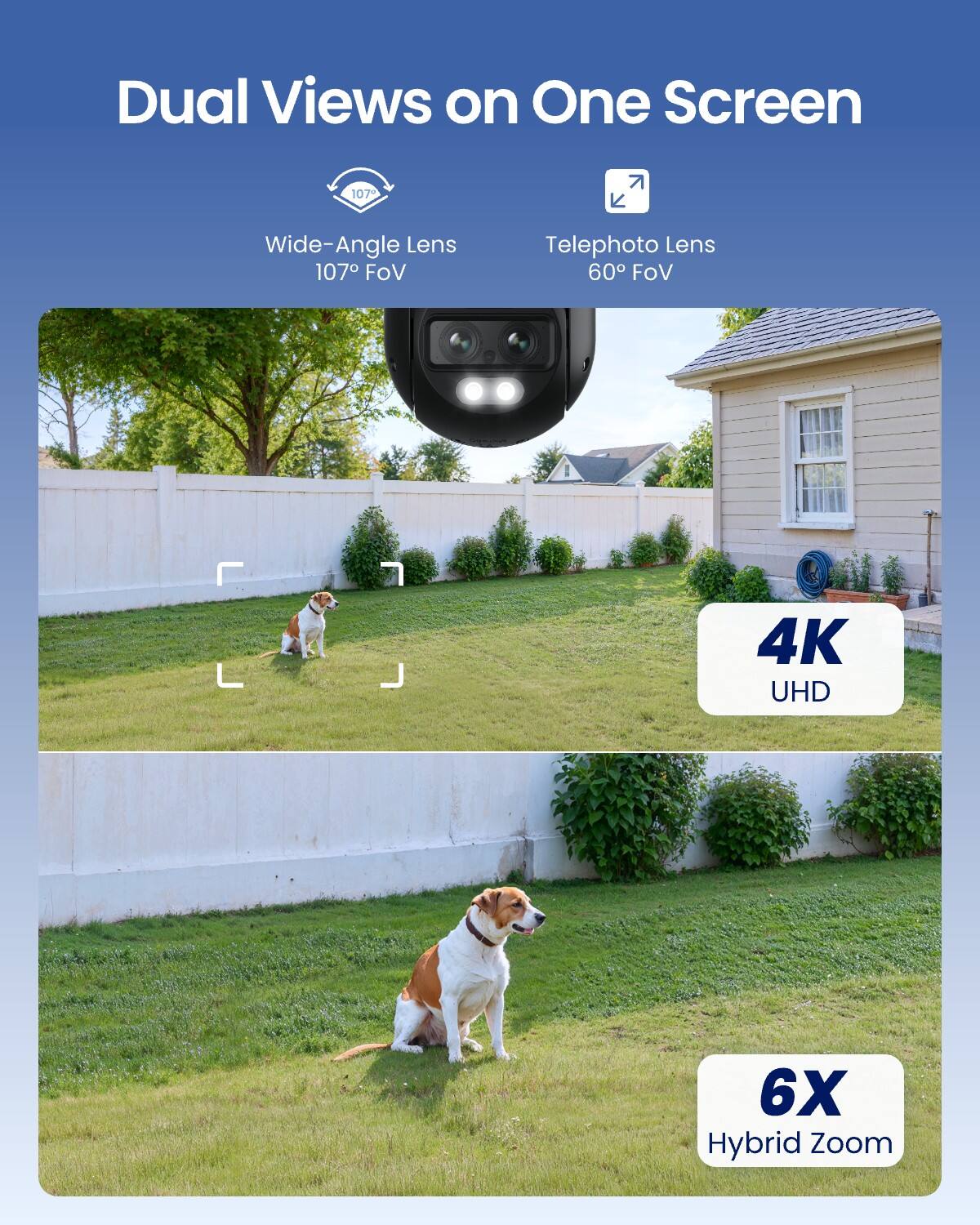 Dual Views on One Screen

Wide-Angle Lens 107° FoV  
Telephoto Lens 60° FoV  
4K UHD  
6X Hybrid Zoom