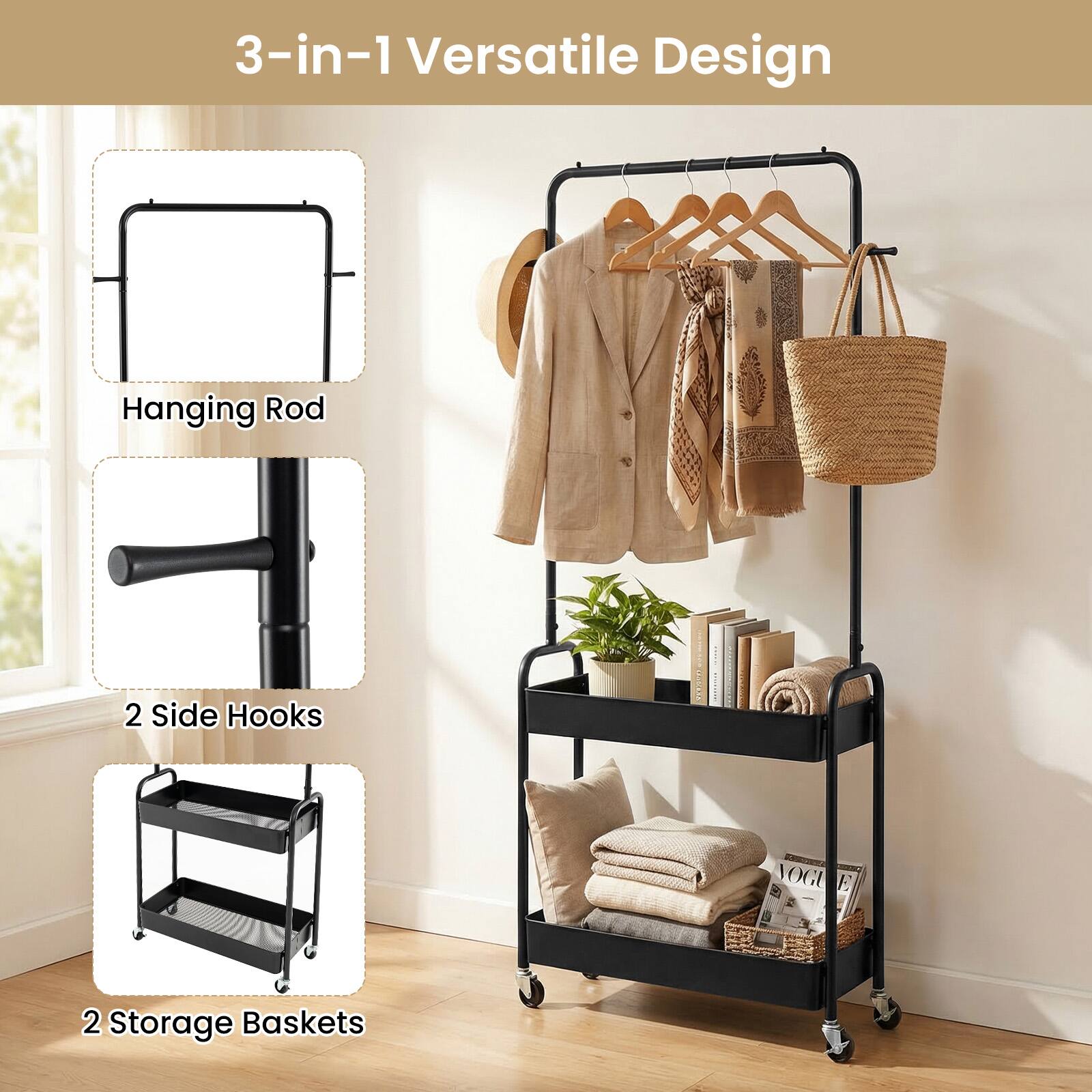 3-in-1 Versatile Design

- Hanging Rod
- 2 Side Hooks
- 2 Storage Baskets