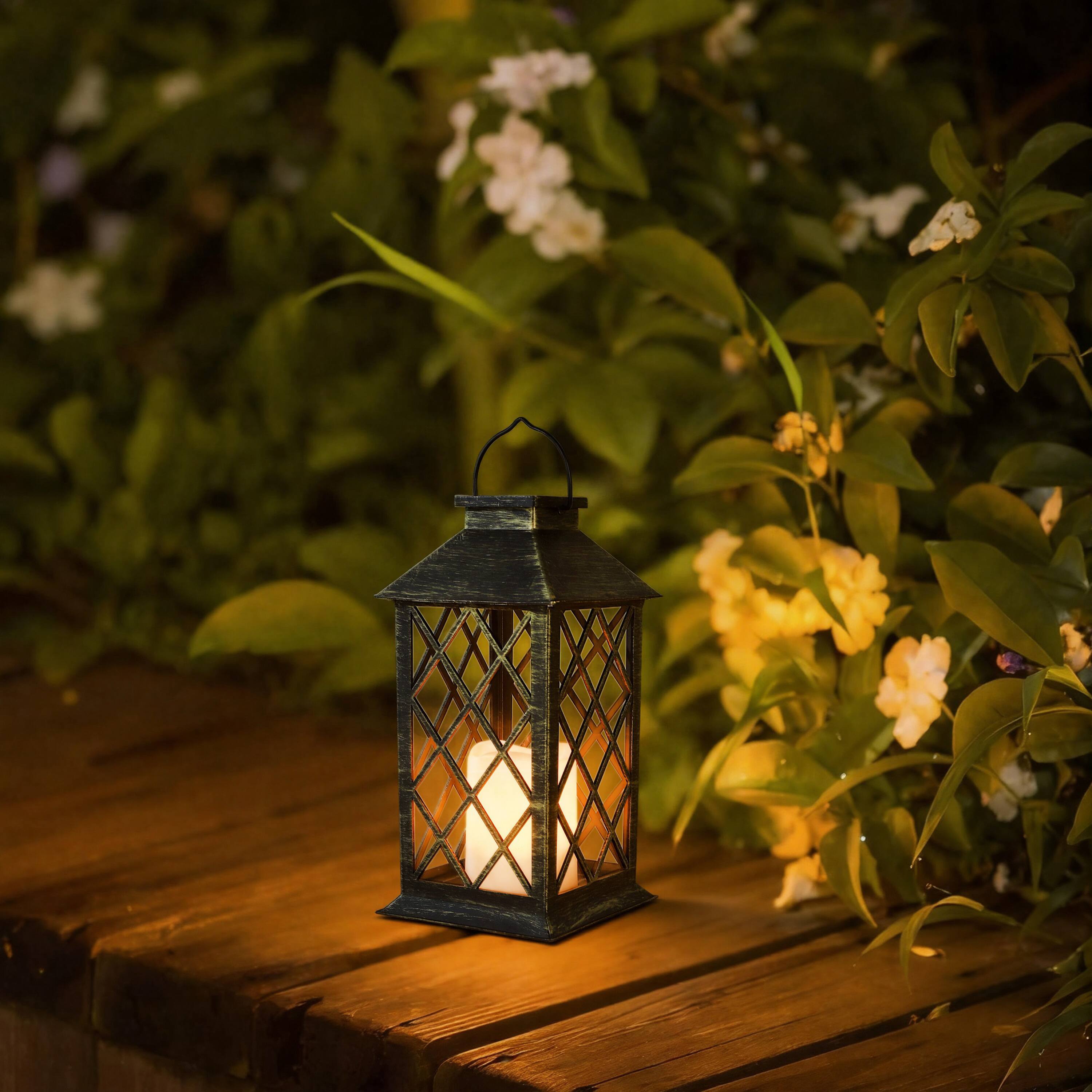 Angle. Techko - Solar Vintage Metal Candle Lantern with Metal & Glass.