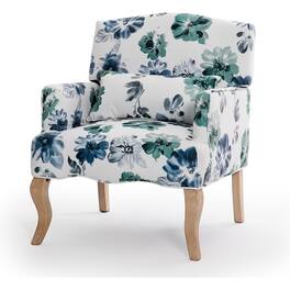 U-HOMY - Mid-Century Accent Chair with Floral Fabric, Solid Wood Frame & High-Resilience Foam for Living Room - Green/Blue