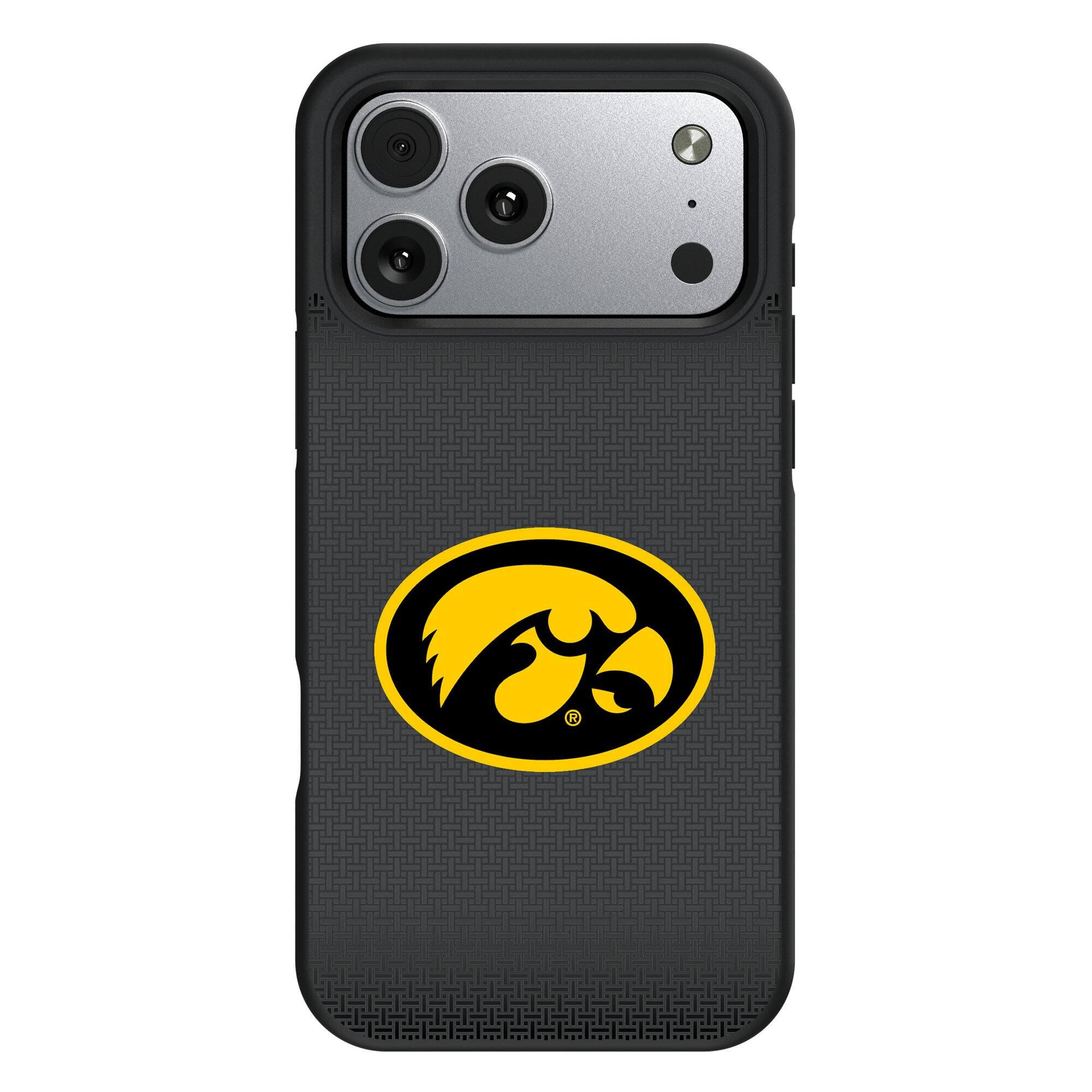 Front. Keyscaper - Iowa Hawkeyes Bump Case with 8.2ft Drop Protection - 16 Pro - Black.