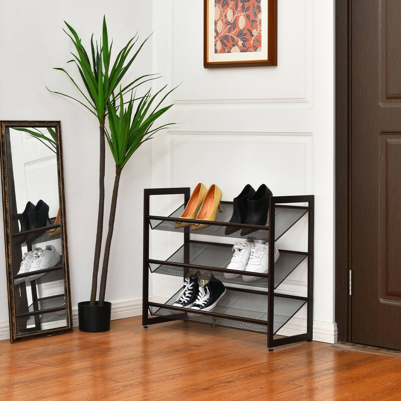 Alt View 1. Ecooso - 3 Tiers Flat and Slant Metal Shoe Rack for Entryway Hallway - Brown.