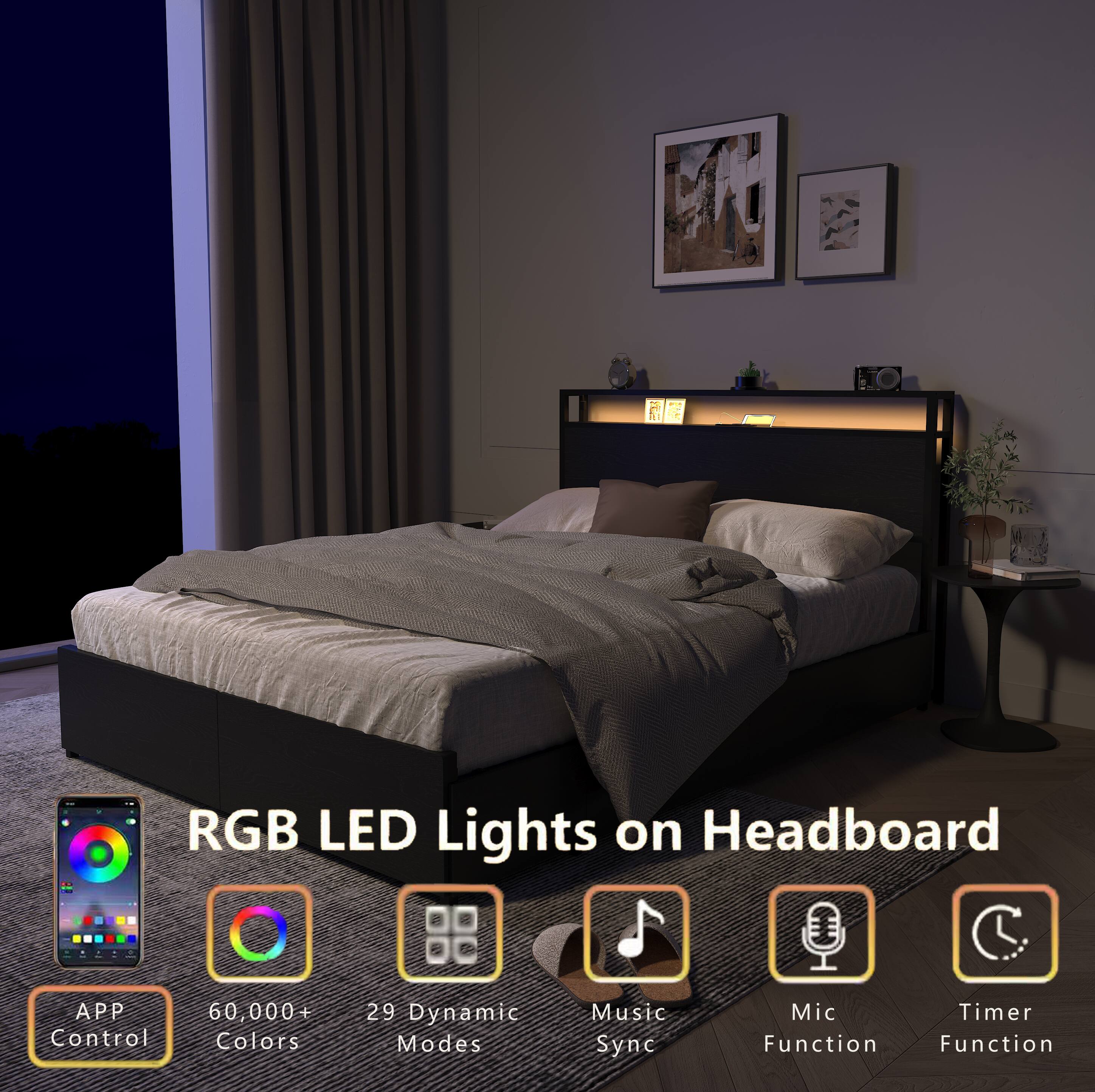 RGB LED Lights on Headboard  
APP Control  
60,000+ Colors  
29 Dynamic Modes  
Music Sync  
Mic Function  
Timer Function
