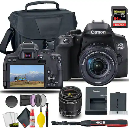 SanDisk Extreme PRO 170 MB/s 64 GB
Canon EOS 850D EF-S 18-55mm ZOOM LENS 1:4-5.6 IS STM
Canon EF-S 18-55mm
Canon CD-PROTECTORS
Canon SCREEN LCD PROTECTORS
Canon 58mm FILTER
Canon BATTERY CHARGE PACK
Canon BATTERY
Canon STRAP
Canon LENS CAP
Canon FILTER HOLDER
Canon FILTERS (UV, CPL, ND)
Canon CLEANING KIT (SCREEN CLEANER, LENS CLEANER, BLOWER)
Canon CAMERA BAG