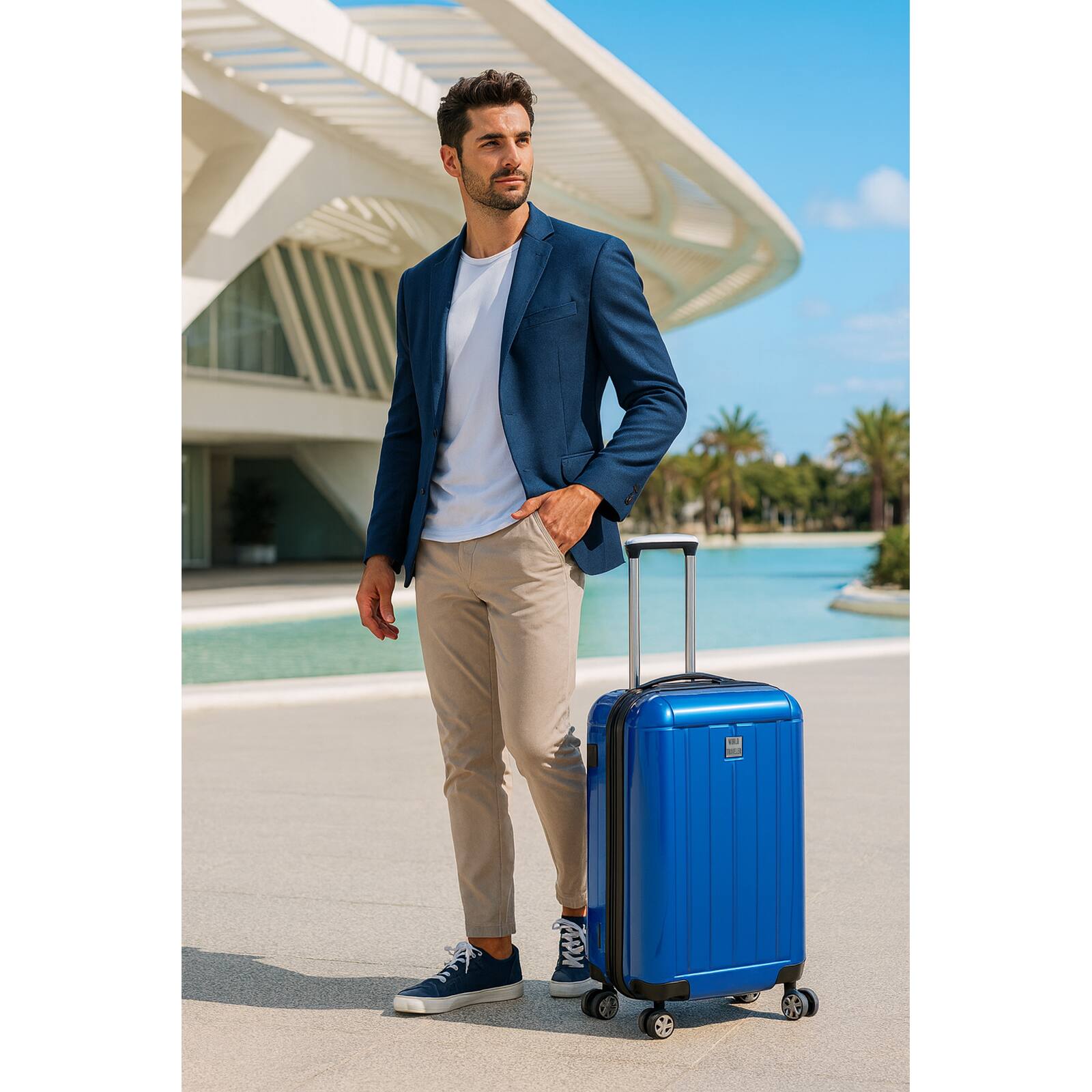 Angle. World Traveler - Contour 20-Inch Carry-On Lightweight Polycarbonate Hardside Expandable Spinner Luggage with TSA Lock - Blue.