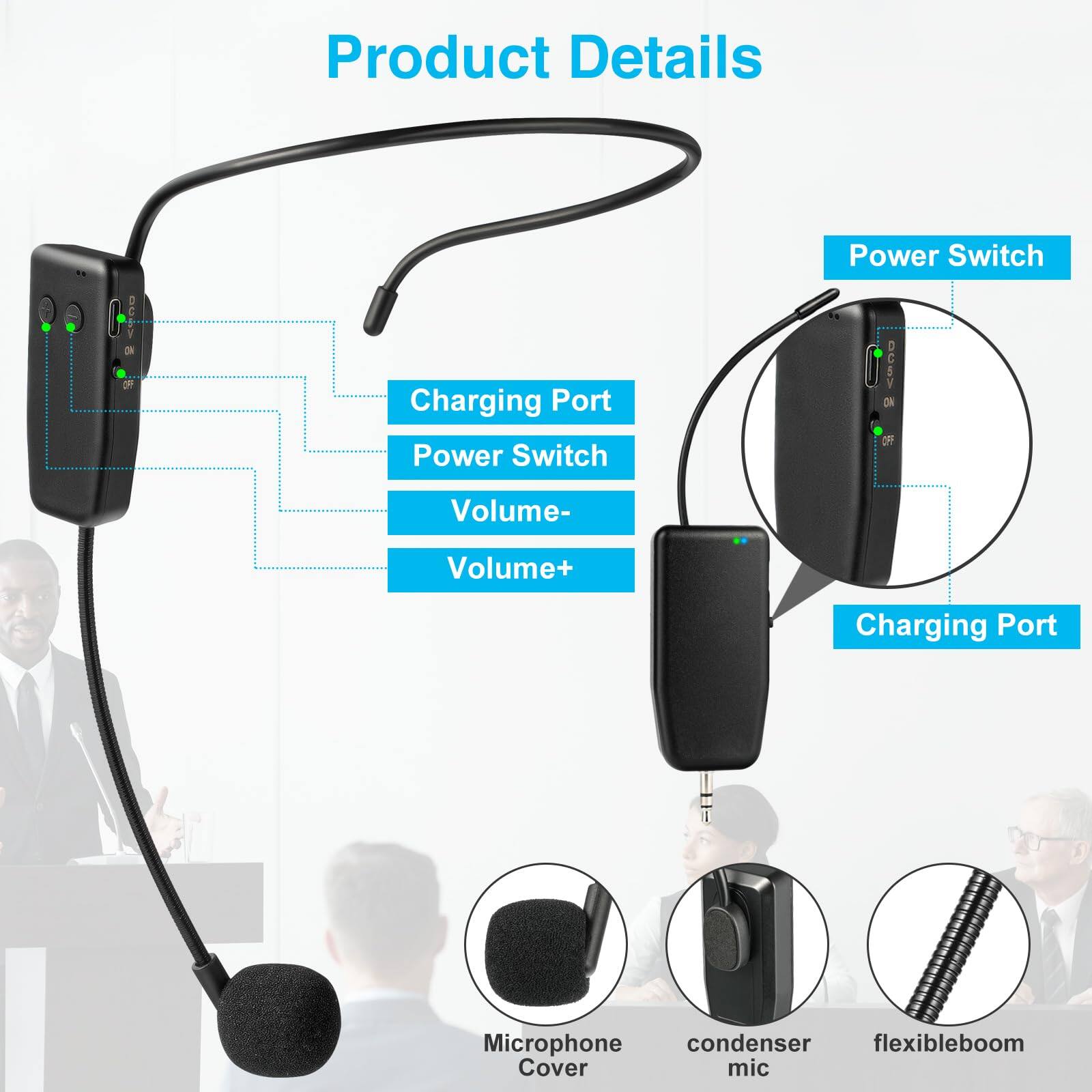 Product Details

- Charging Port
- Power Switch
- Volume-
- Volume+
- Microphone Cover
- Condenser Mic
- Flexible Boom