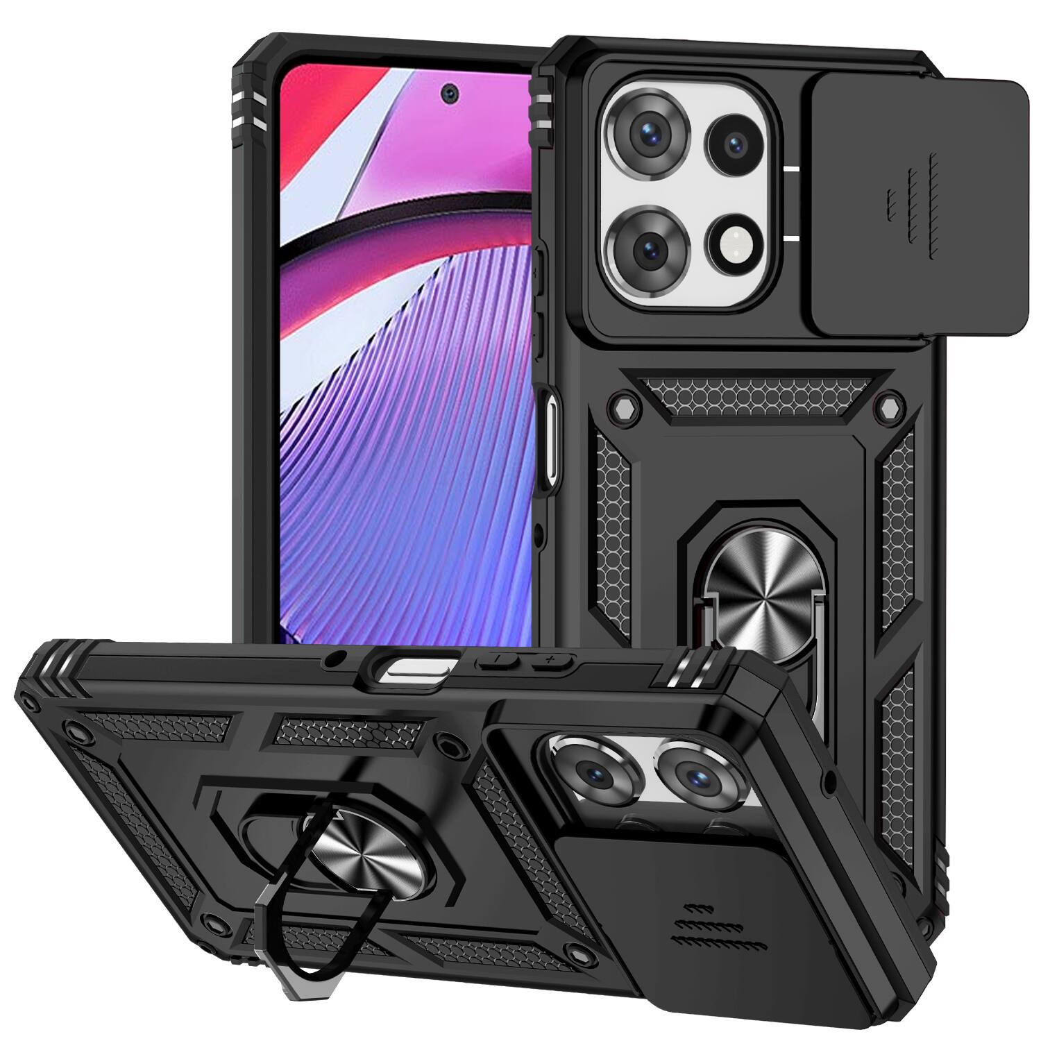 Left. UUCOVER - Shockproof Case for Motorola G Power 5G (2025) Slide Camera Cover Ring Stand TPU+PC Rugged Protective Back Case - Black.