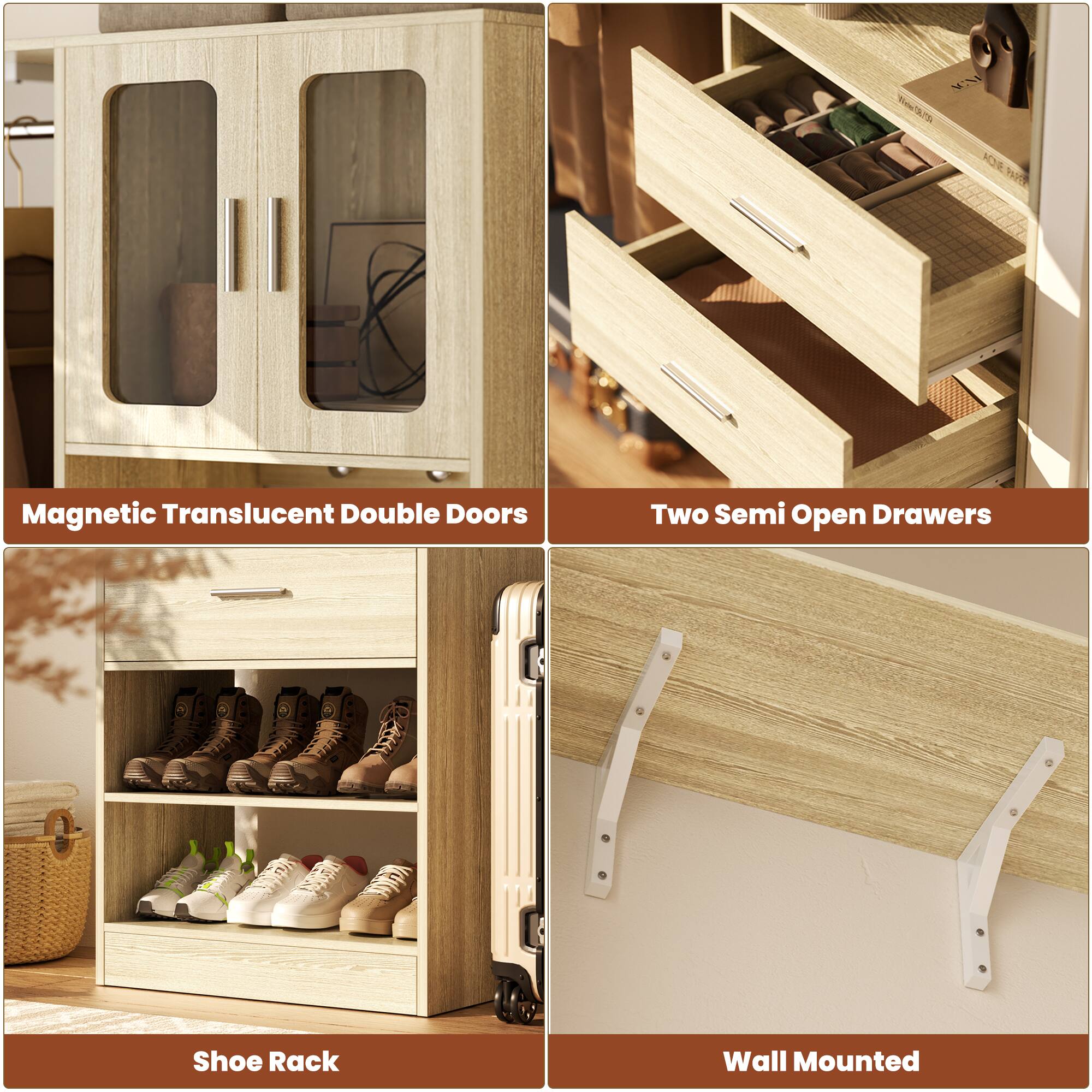 S3 N3E Magnetic Translucent Double Doors Two Semi Open Drawers Shoe Rack Wall Mounted