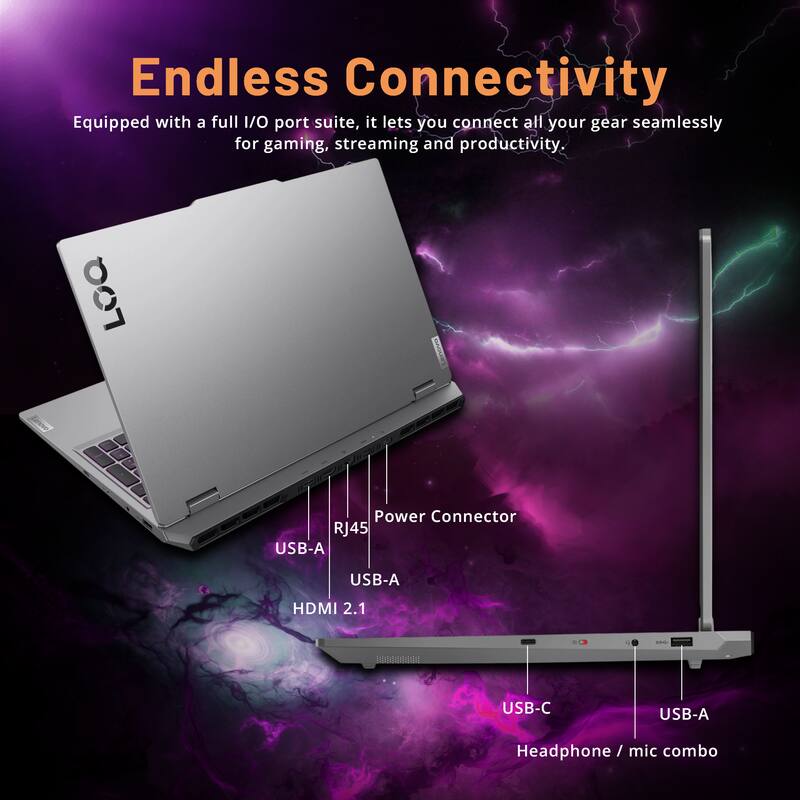 Endless Connectivity  
Equipped with a full I/O port suite, it lets you connect all your gear seamlessly for gaming, streaming and productivity.  

- Power Connector  
- RJ45  
- USB-A  
- USB-A  
- HDMI 2.1  
- USB-C  
- USB-A  
- Headphone / mic combo