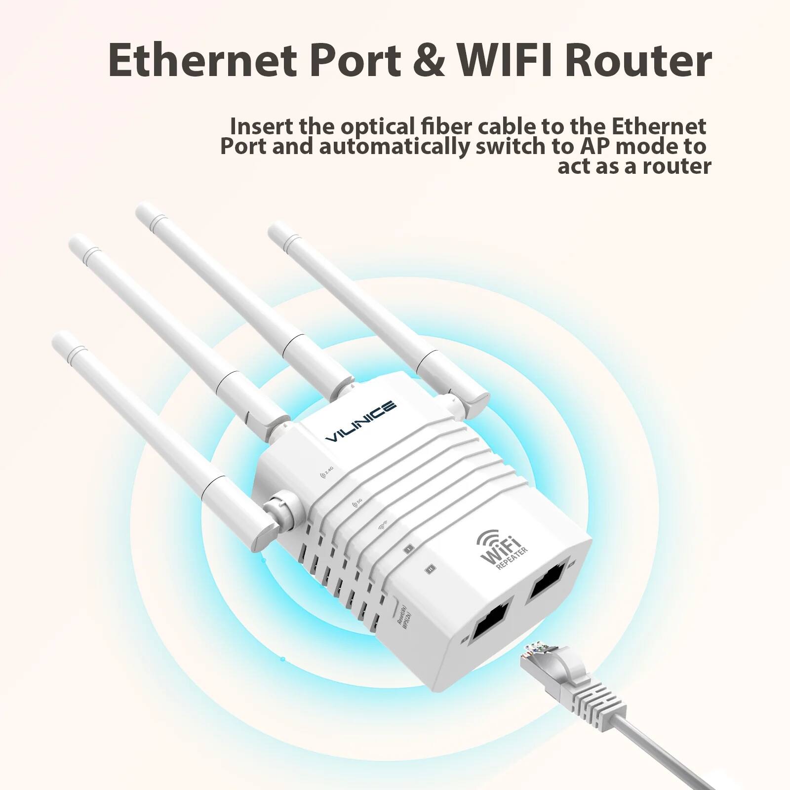Ethernet Port & WIFI Router

Insert the optical fiber cable to the Ethernet Port and automatically switch to AP mode to act as a router