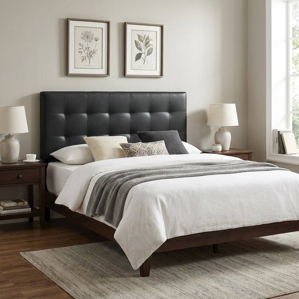Left. FurniFact - Upholstered Vinyl Queen Headboard with Elegant Design and Durable Finish - Black.