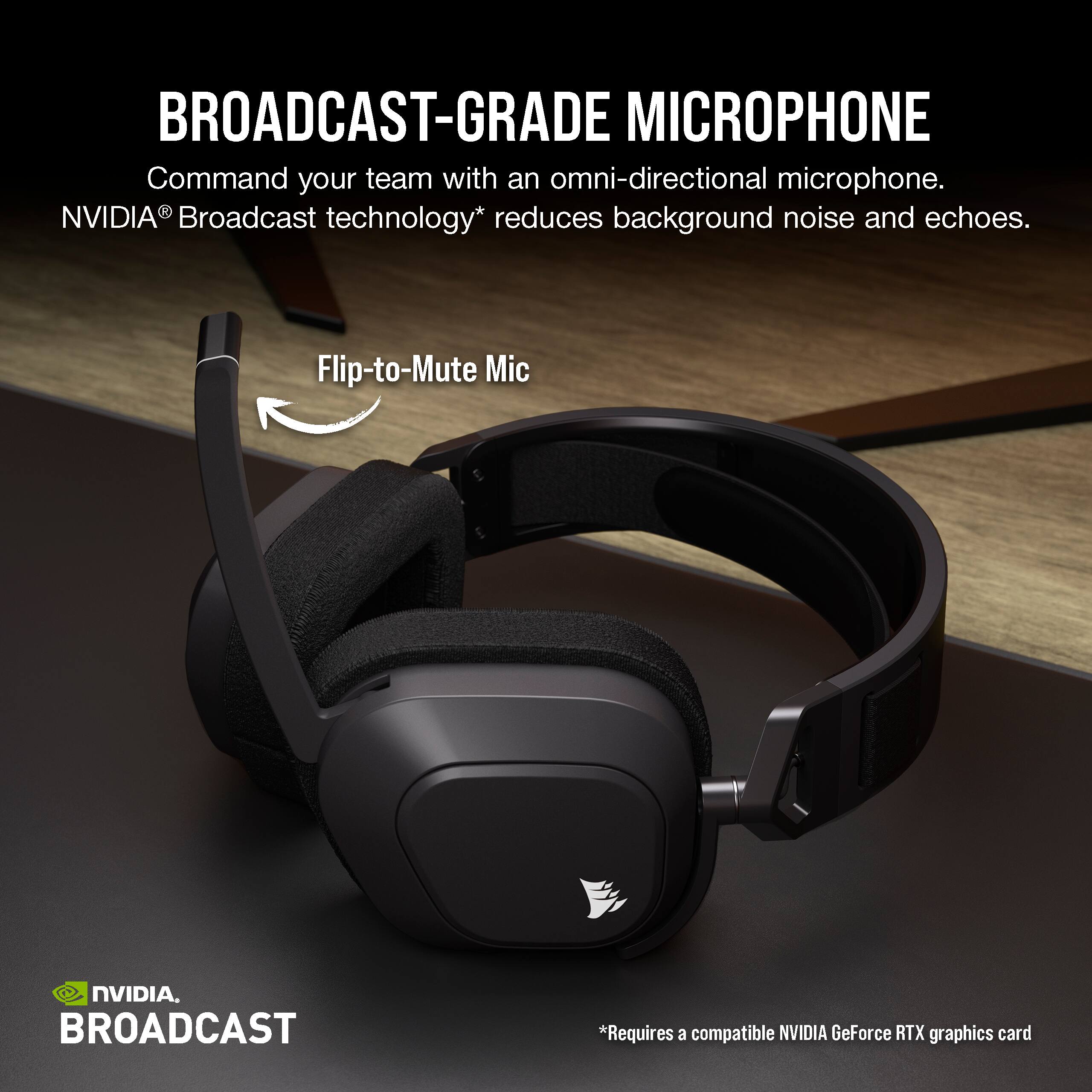 BROADCAST-GRADE MICROPHONE Command your team with an omni-directional microphone. - NVIDIA Broadcast technology* reduces background noise and echoes. Flip-to-Mute Mic NVIDIA. BROADCAST *Requires a compatible NVIDIA GeForce RTX graphics card