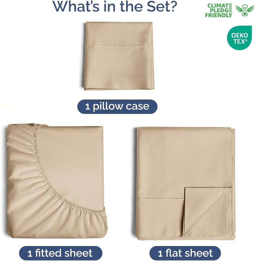 What's in the Set?  
CLIMATE PLEDGE FRIENDLY  
OEKO TEX  

1 pillow case  
1 fitted sheet  
1 flat sheet