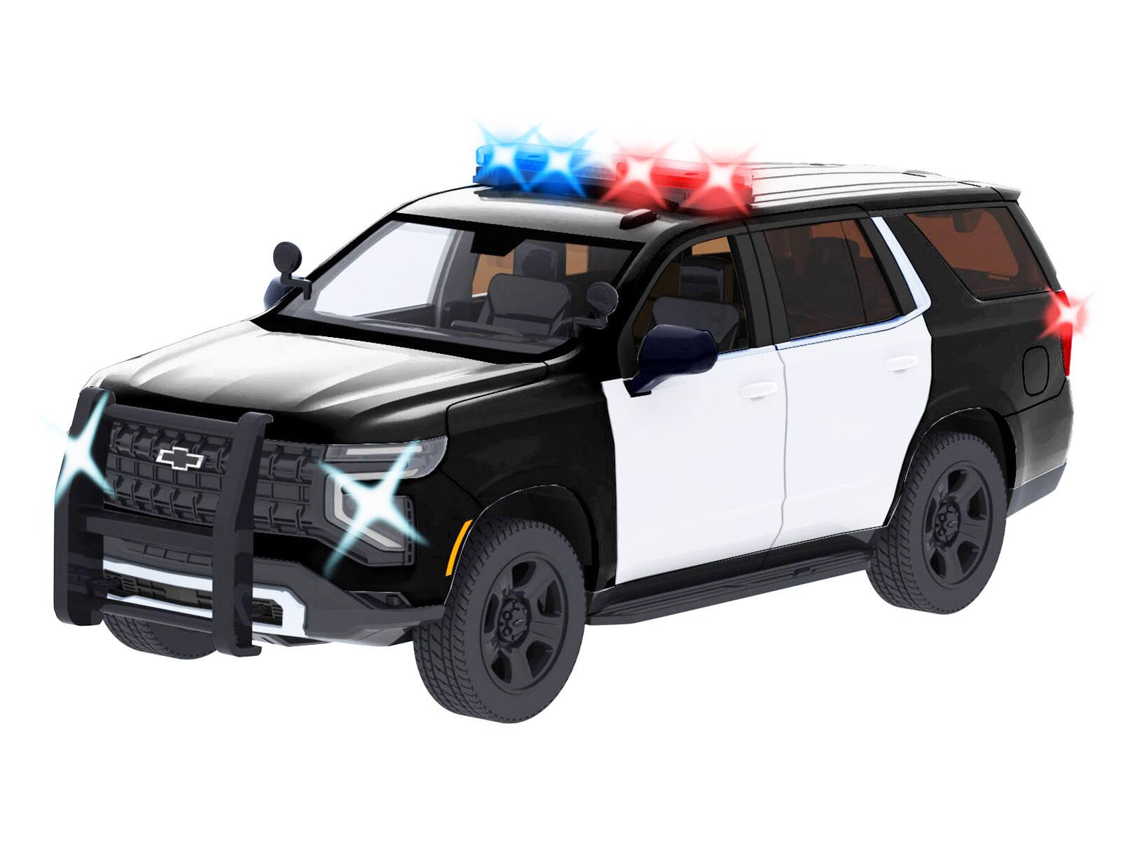 Alt View 1. Motormax - 2025 Chevrolet Tahoe PPV Black and White "Builder's Kit" with Light Bar and Lights and Sounds 1/24 Model Car by Motormax.