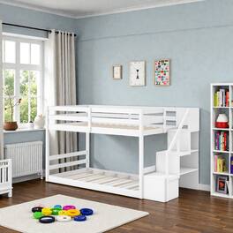 Hivvago - Solid Wood Twin-Over-Twin Low Bunk Bed with Storage Stairs and Floor-Standing Frame - White