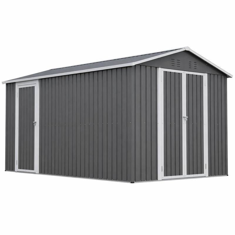 Front. RYHNUYNE - 8x12 ft Metal Shed Side Door Double Front Doors Aluminum Frame Sloped Roof Vents - Gray.