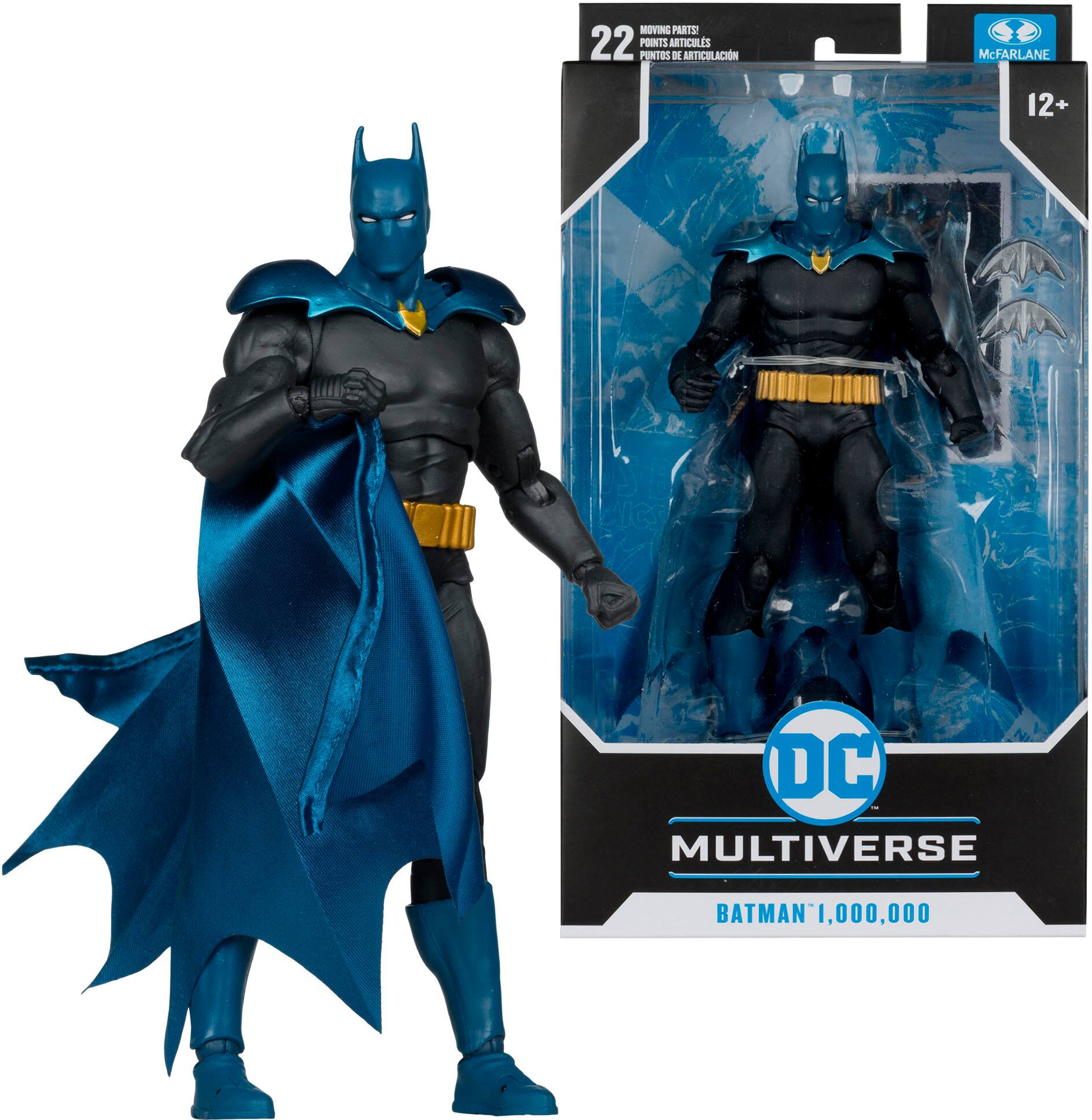 The image features a Batman action figure from the DC Multiverse line, which has 22 points of articulation. The figure is posed in a dynamic stance, with its arms outstretched. The packaging for the figure is also displayed, showcasing the Batman logo and the number 1,000,000. The figure is likely part of a collectible series, as it is designed to be displayed on a shelf or in a collection.