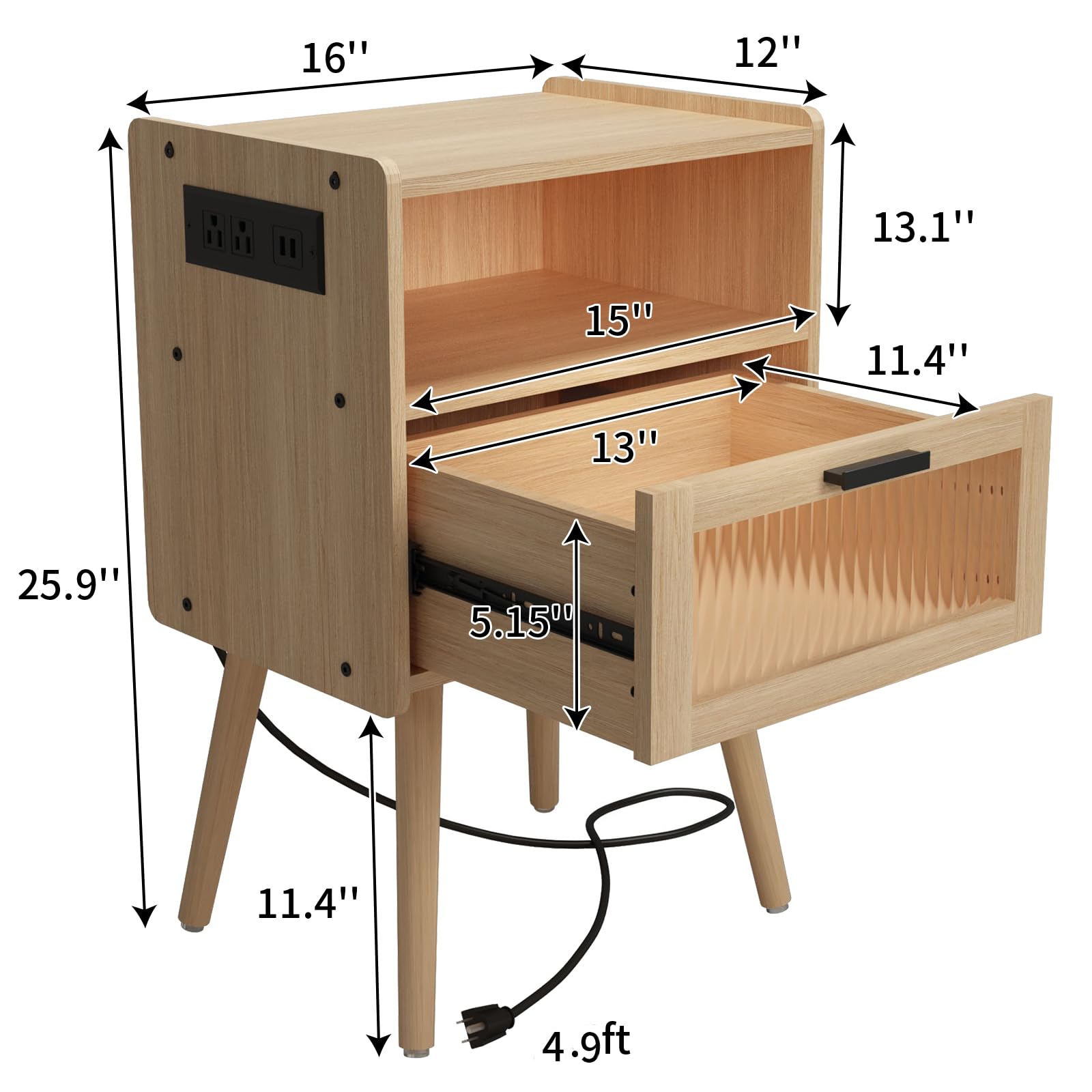 - Width: 16"
- Depth: 12"
- Height: 13.1"
- Shelf 1: 15" (width) x 11.4" (depth)
- Shelf 2: 13" (width) x 11.4" (depth)
- Drawer: 25.9" (width) x 5.15" (height)
- Overall Height: 11.4"
- Overall Length: 4.9 ft