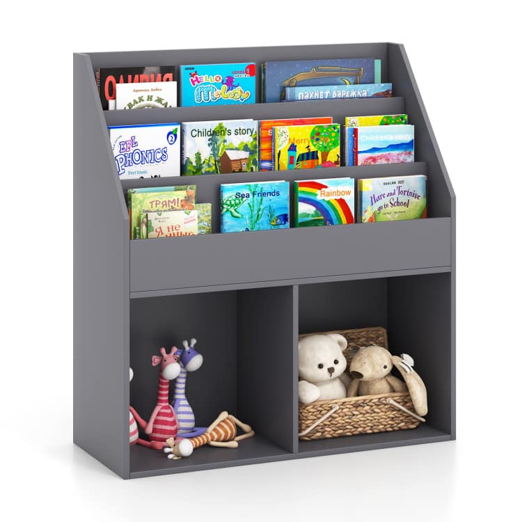 SlickBlue - Kids Wooden Bookshelf and Toy Storage Cabinet Organizer for Playroom - Gray
