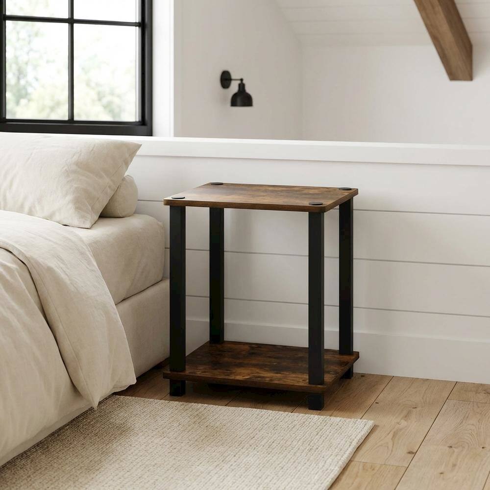Angle. FurniFact - Wooden nightstand in amber pine finish with sleek black accents - Amber Pine/Black.