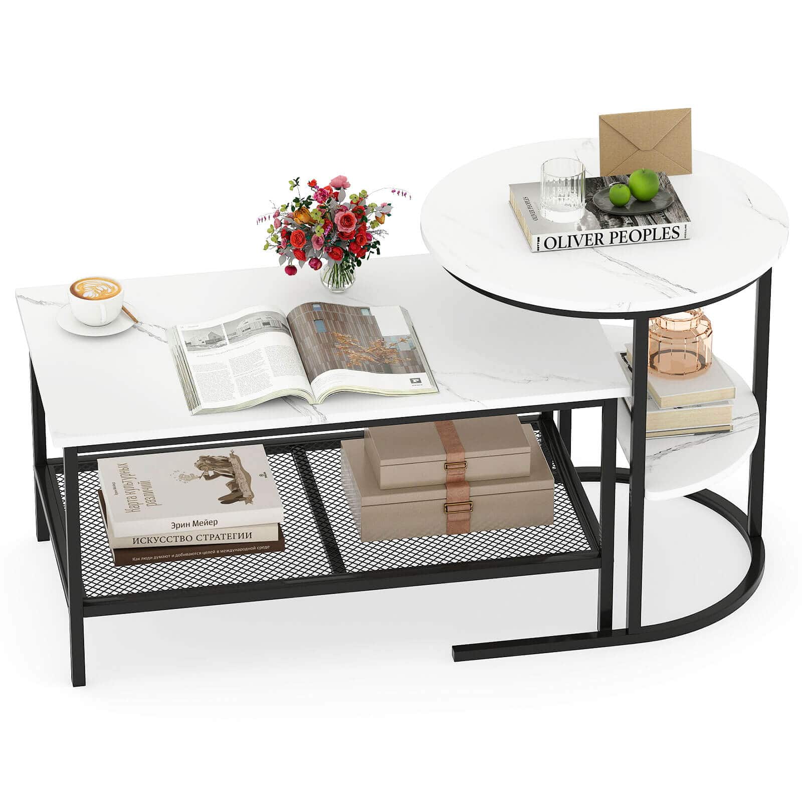 Costway - Coffee Table Set of 2 2-Tier Rectangle Coffee Table and Side End Table - White,Black