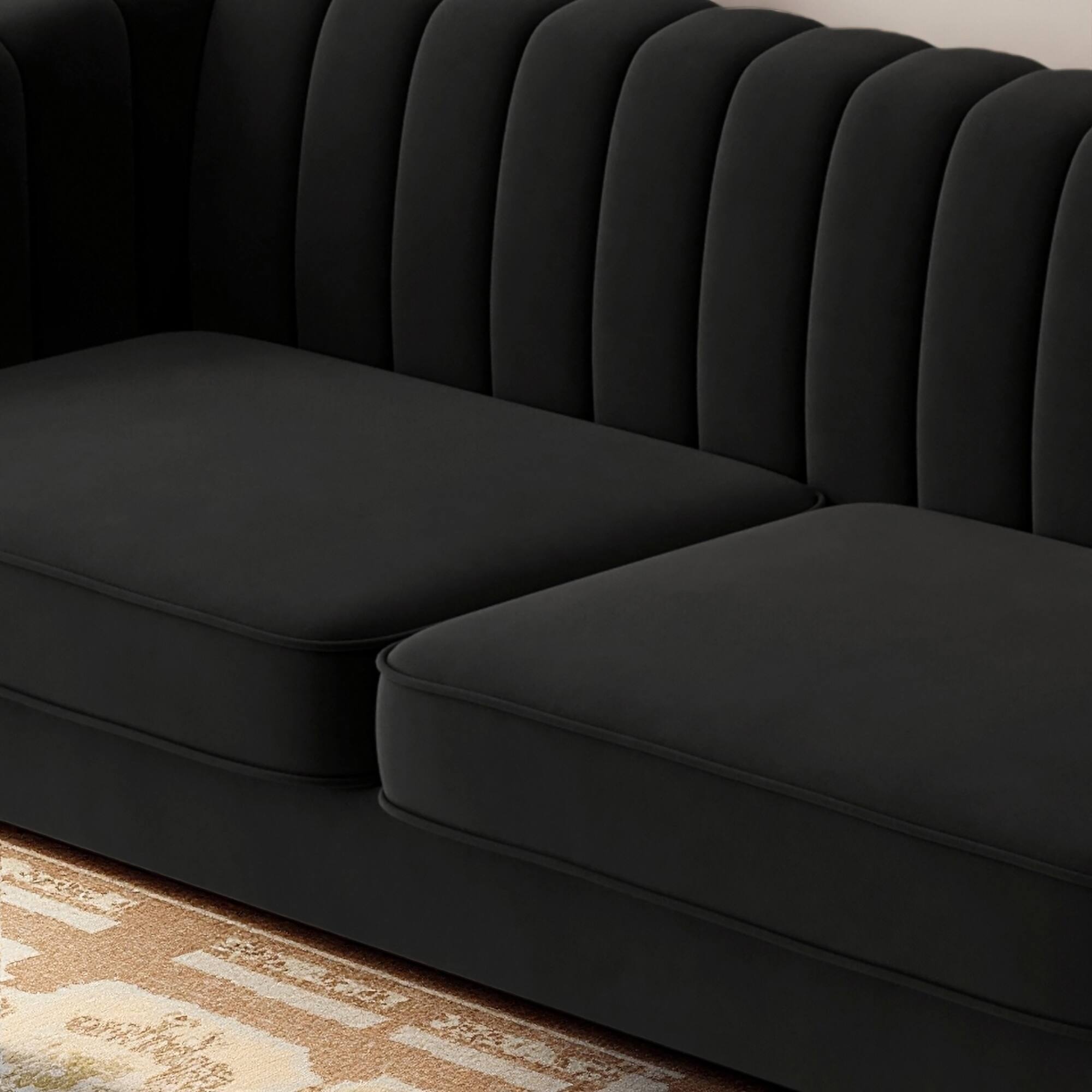 Alt View 2. Anysun - Modern 3-Seat Cream Velvet Sofa with Gold Accents - Channel-Tufted for Living Room & Office. - Black.