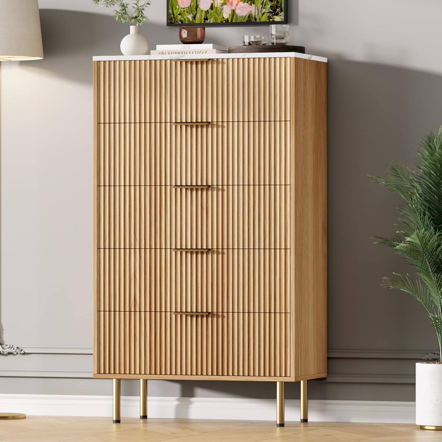 GARVEE Fluted 5 Drawer Dresser for Bedroom, Tall Chest with Faux Marble ...
