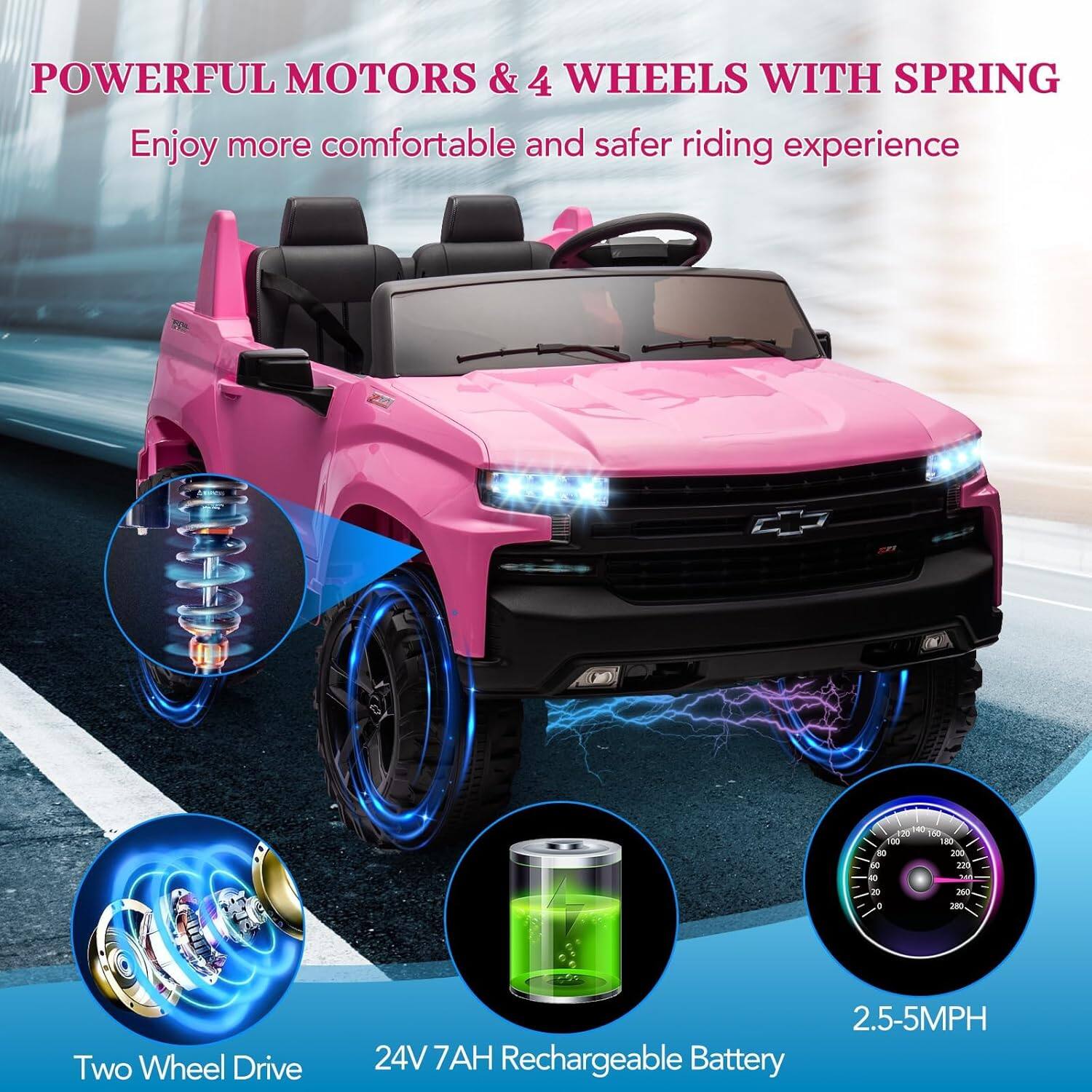 POWERFUL MOTORS & 4 WHEELS WITH SPRING  
Enjoy more comfortable and safer riding experience  

- Two Wheel Drive  
- 24V 7AH Rechargeable Battery  
- 2.5-5MPH