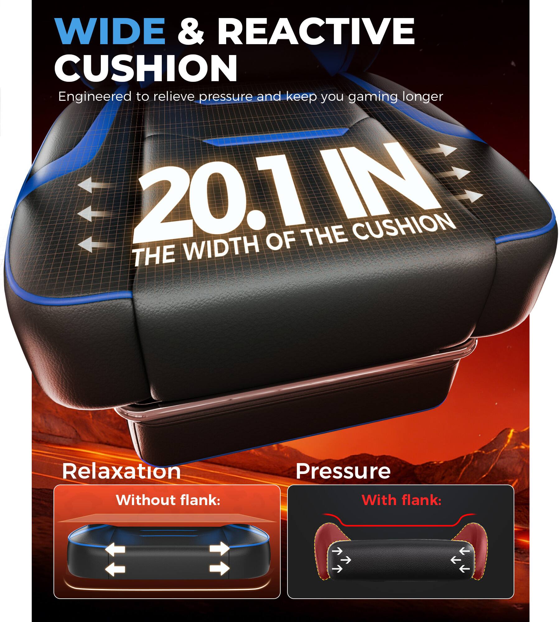 WIDE & REACTIVE CUSHION  
Engineered to relieve pressure and keep you gaming longer  

20.1 IN  
THE WIDTH OF THE CUSHION  

Relaxation  
Without flank:  

Pressure  
With flank: