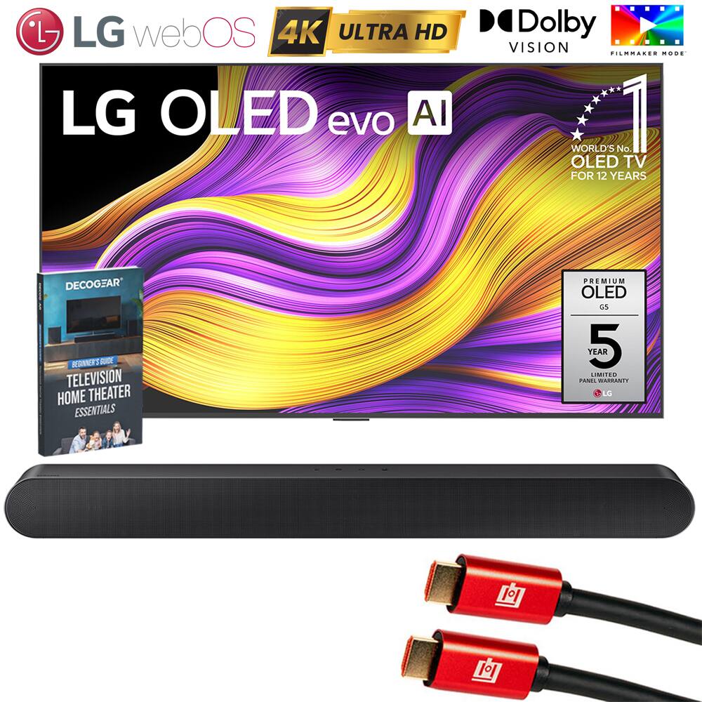 LG webOS 4K ULTRA HD LG OLED evo AI  
Dolby VISION FILMMAKER MODE  
WORLD'S No. 1 OLED TV FOR 12 YEARS  
DECOGEAR BEGINNER'S GUIDE TELEVISION HOME THEATER ESSENTIALS  
PREMIUM OLED G5  
5 YEAR LIMITED PANEL WARRANTY  
LG