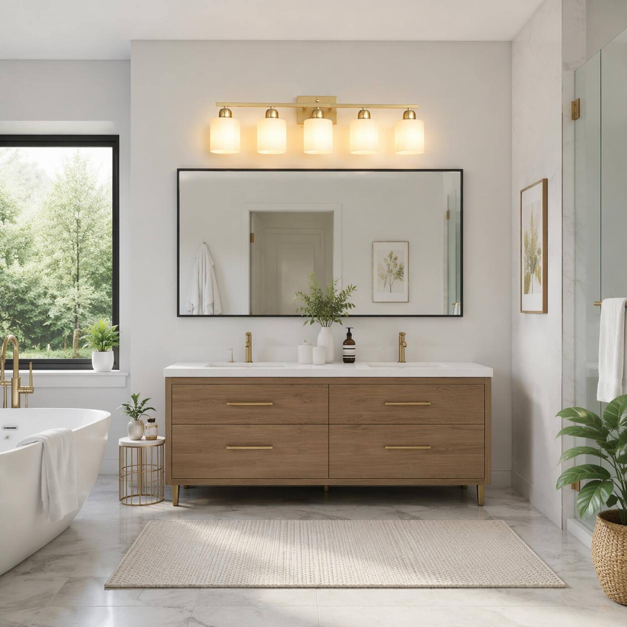 Angle. RYHNUYNE - Gold 5‑Light Bathroom Vanity Light,Modern Wall Sconce with Milky White Frosted Glass Shades - Coppery.